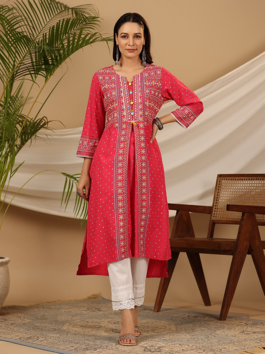 Juniper Pink Women Rayon Tribal Printed High-Low Kurta With 3D Handwork & Lace
