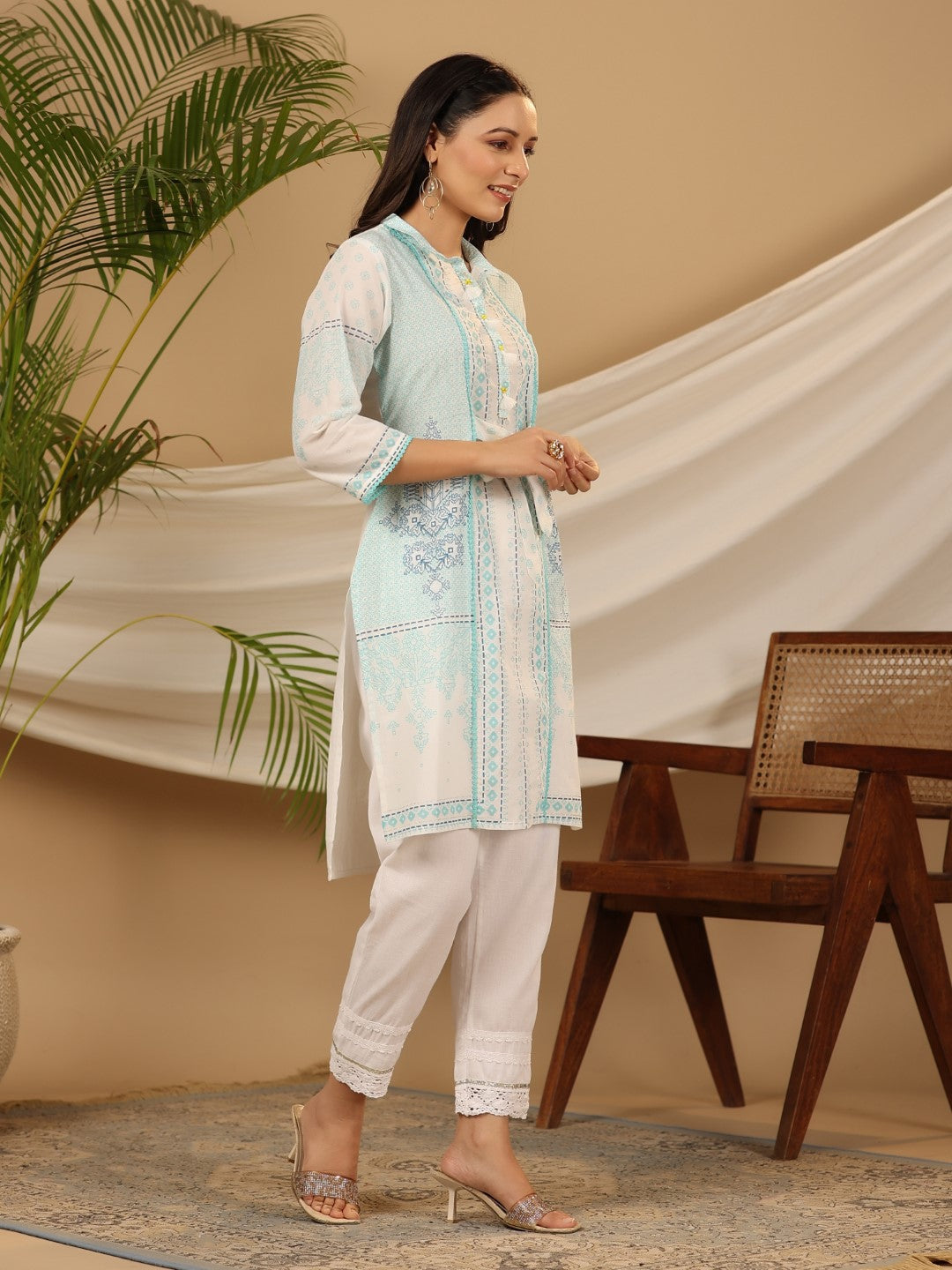Juniper The Dhara Tie-Up Sky Blue Geometric Printed Cotton Fusion Kurta With Contest 3D Beadwork & Tassels