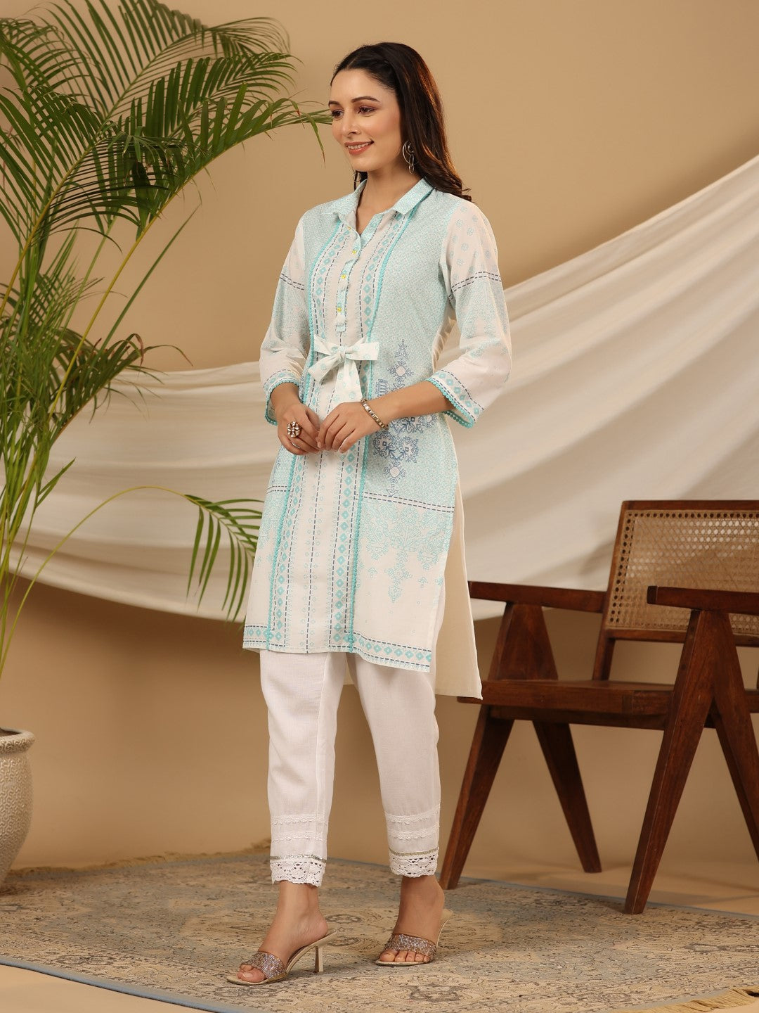 Juniper The Dhara Tie-Up Sky Blue Geometric Printed Cotton Fusion Kurta With Contest 3D Beadwork & Tassels