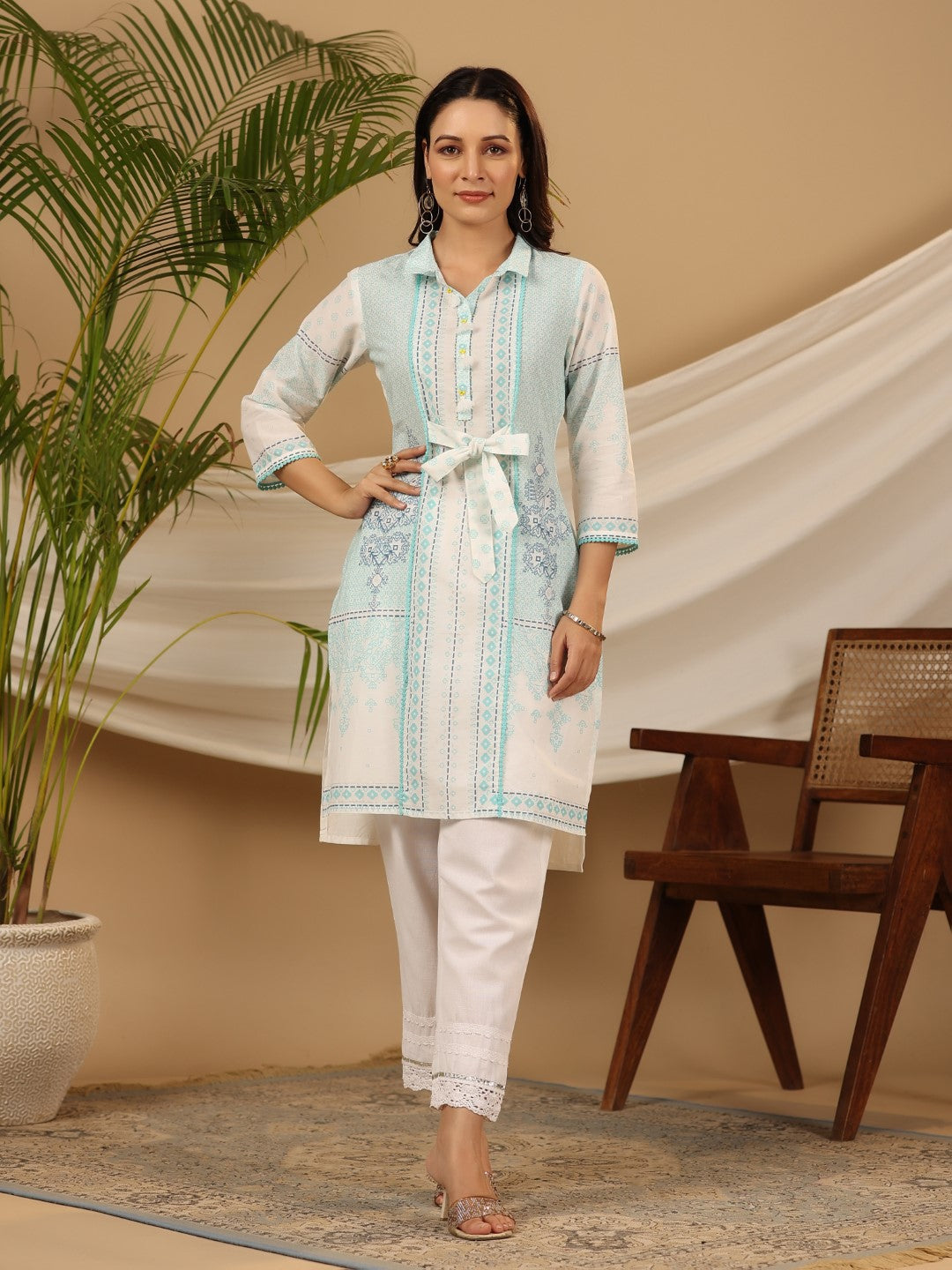 Juniper The Dhara Tie-Up Sky Blue Geometric Printed Cotton Fusion Kurta With Contest 3D Beadwork & Tassels