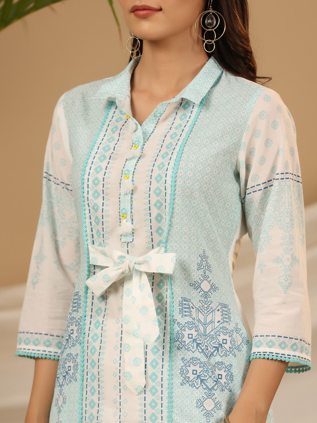 Juniper The Dhara Tie-Up Sky Blue Geometric Printed Cotton Fusion Kurta With Contest 3D Beadwork & Tassels