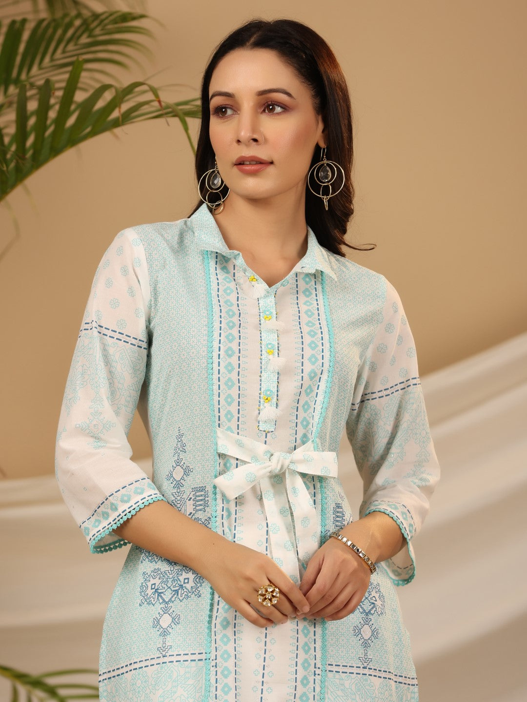 Juniper The Dhara Tie-Up Sky Blue Geometric Printed Cotton Fusion Kurta With Contest 3D Beadwork & Tassels