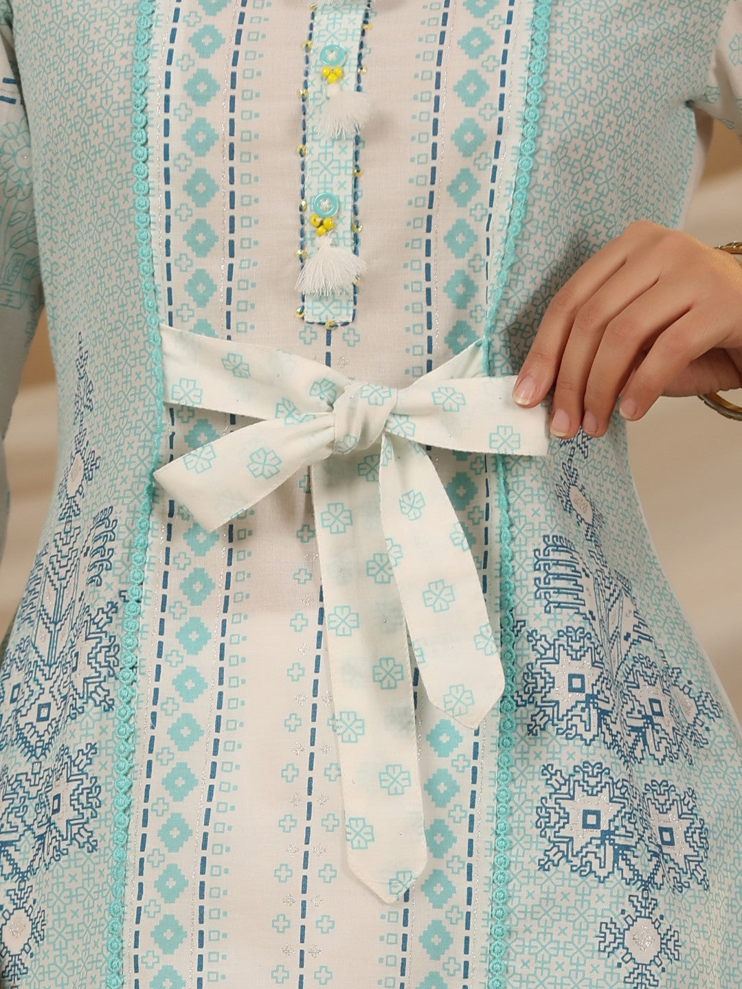 Juniper The Dhara Tie-Up Sky Blue Geometric Printed Cotton Fusion Kurta With Contest 3D Beadwork & Tassels