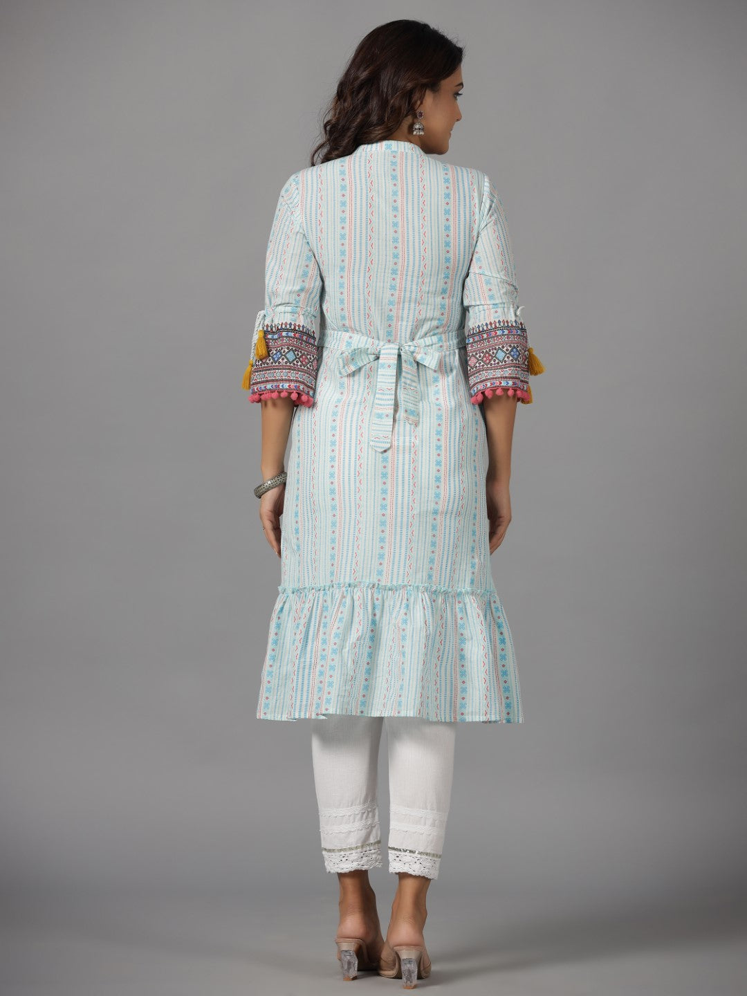 Juniper The Banjara Blue Cotton Geometric Printed Tiered Fusion Kurta With Contrasting Pom-Pom Lace