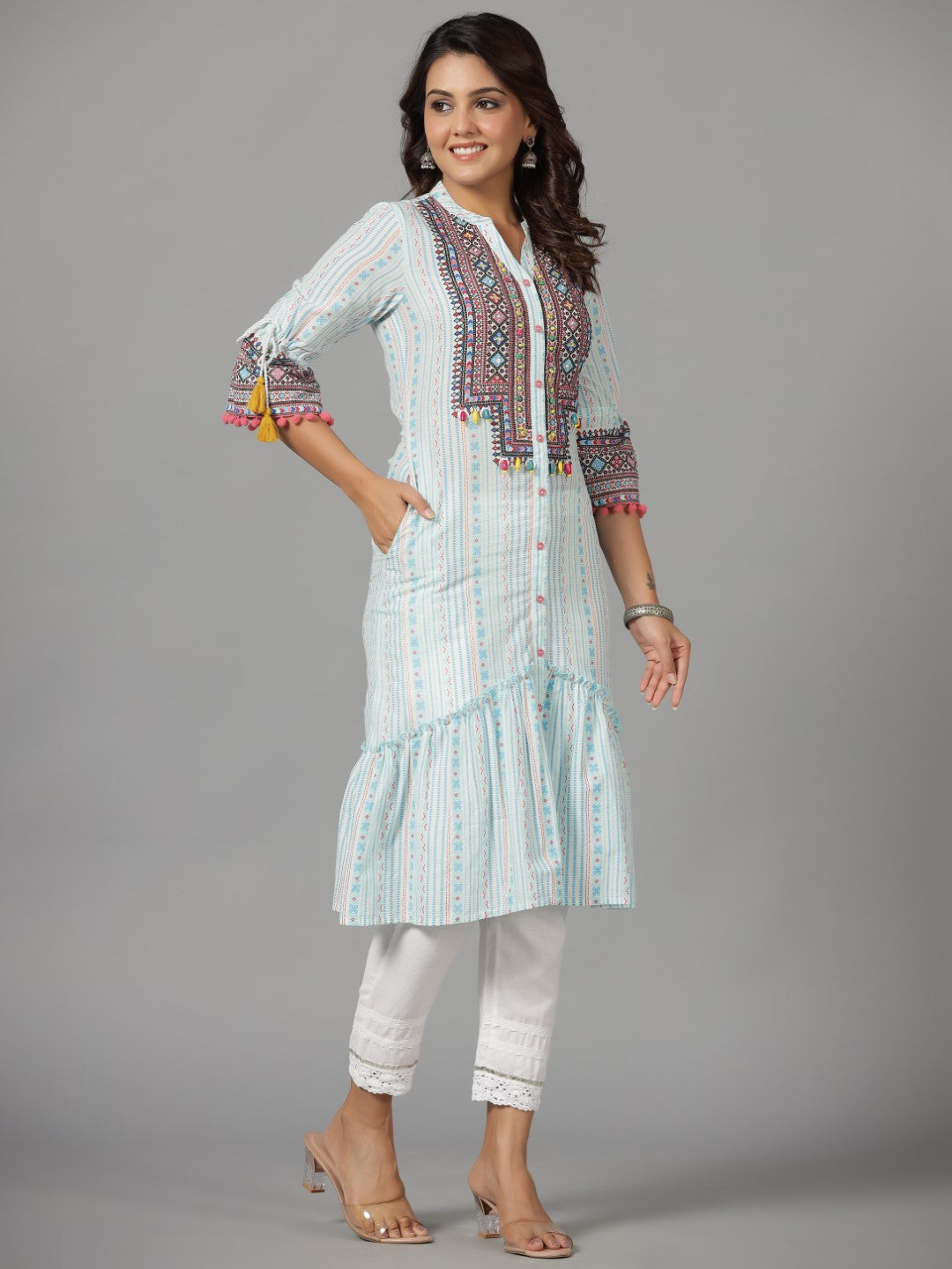 Juniper The Banjara Blue Cotton Geometric Printed Tiered Fusion Kurta With Contrasting Pom-Pom Lace