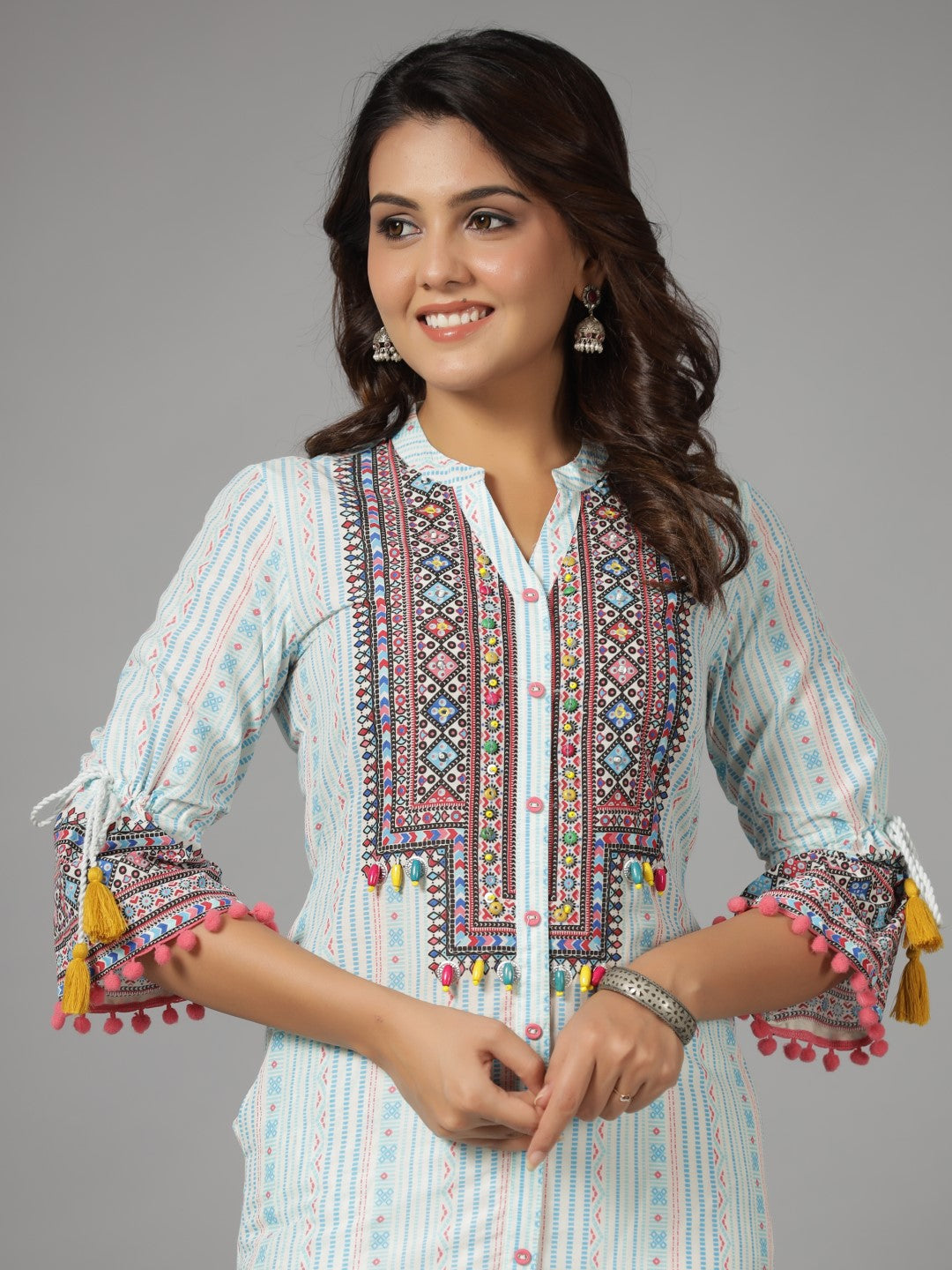 Juniper The Banjara Blue Cotton Geometric Printed Tiered Fusion Kurta With Contrasting Pom-Pom Lace