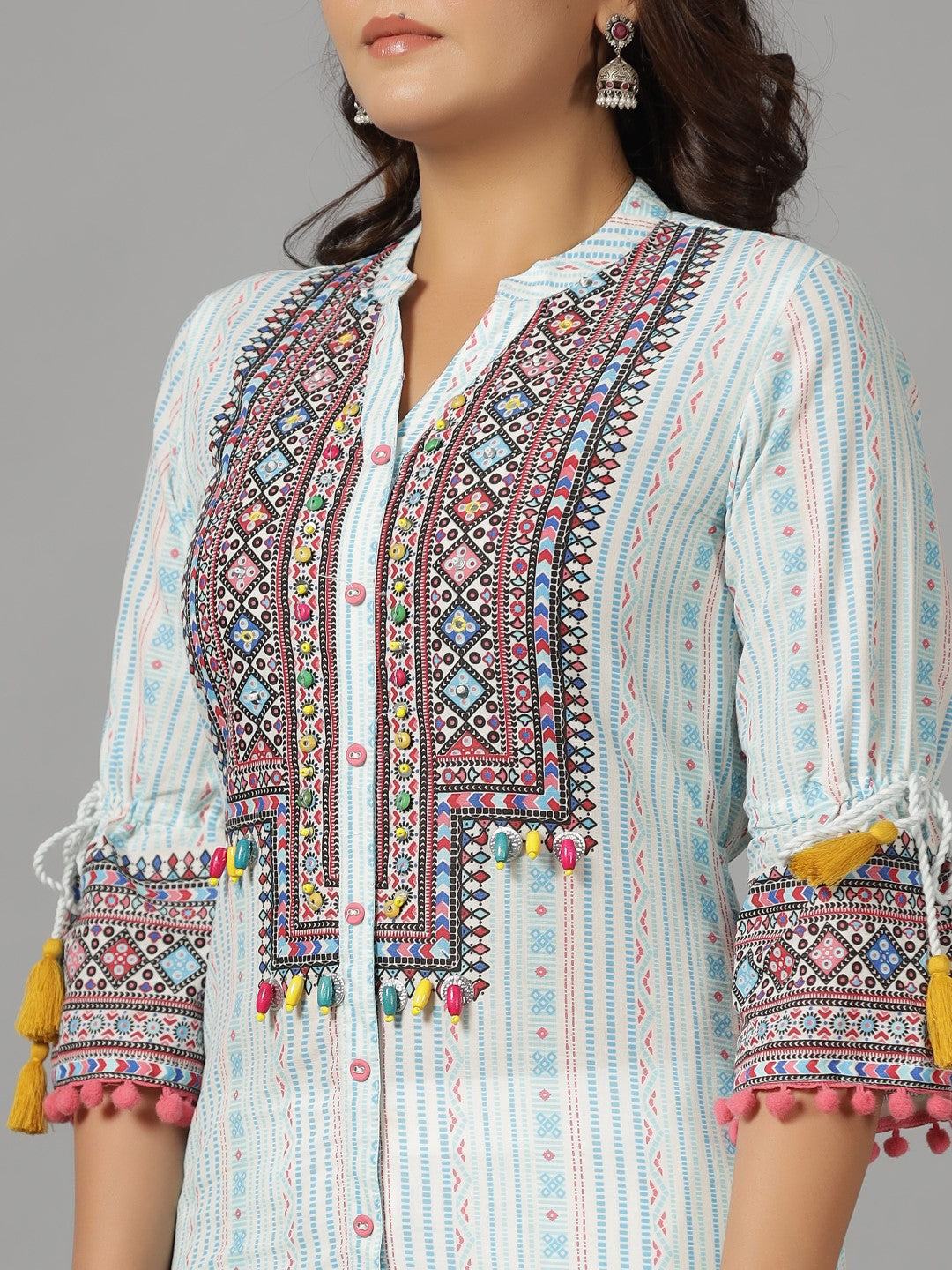 Juniper The Banjara Blue Cotton Geometric Printed Tiered Fusion Kurta With Contrasting Pom-Pom Lace