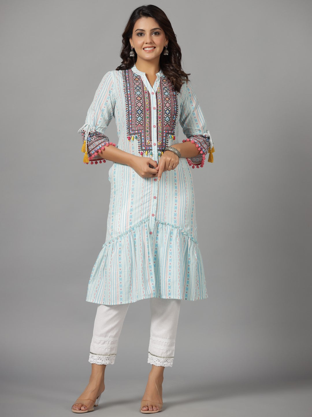 Juniper The Banjara Blue Cotton Geometric Printed Tiered Fusion Kurta With Contrasting Pom-Pom Lace