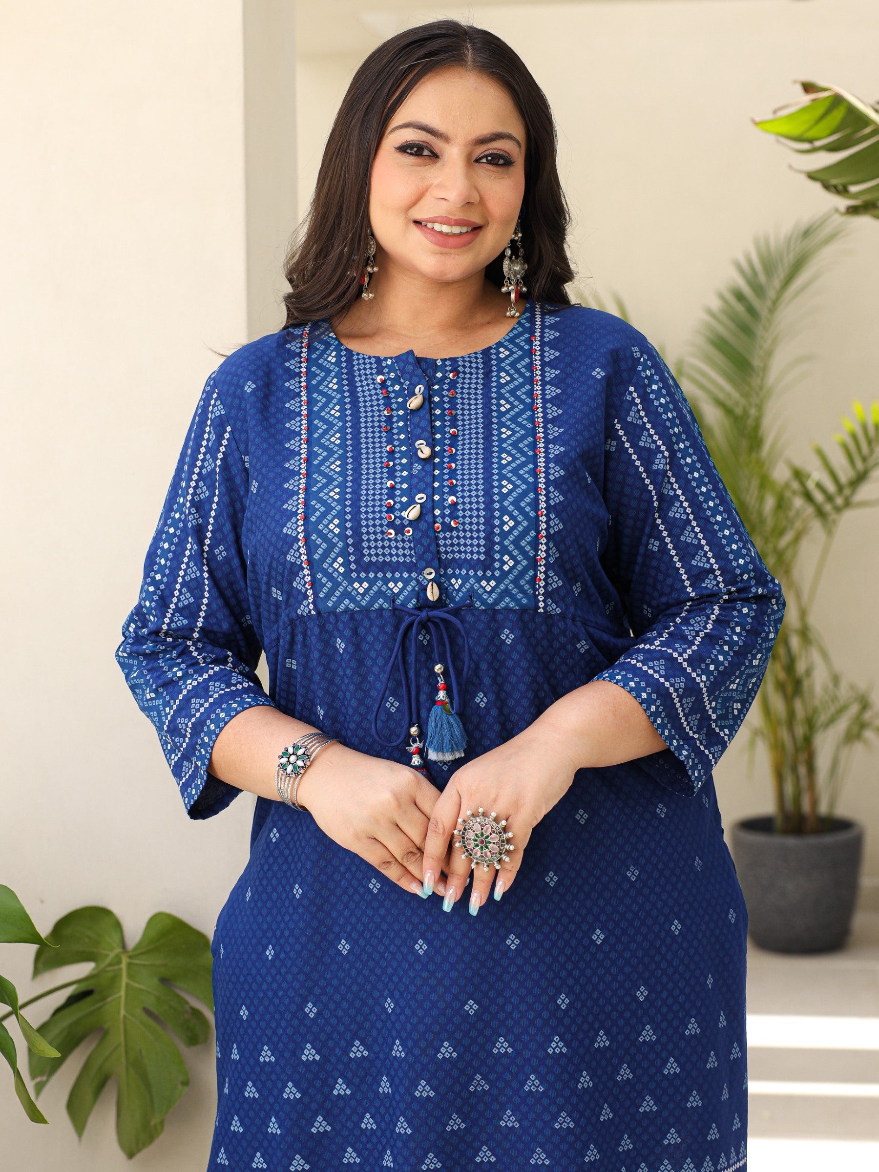 Juniper The Madhubala Women Blue Geometric Printed Rayon Plus Size Kurta With Contrast Beadwork Sequins & Tassels