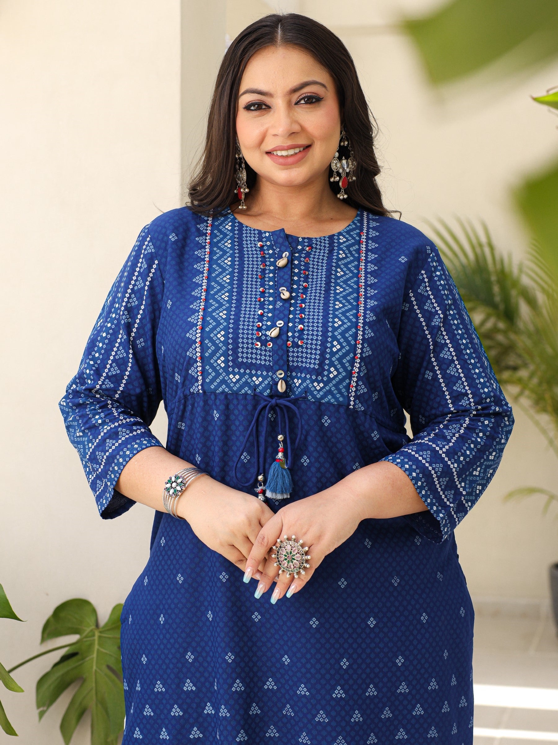 Juniper The Madhubala Women Blue Geometric Printed Rayon Plus Size Kurta With Contrast Beadwork Sequins & Tassels
