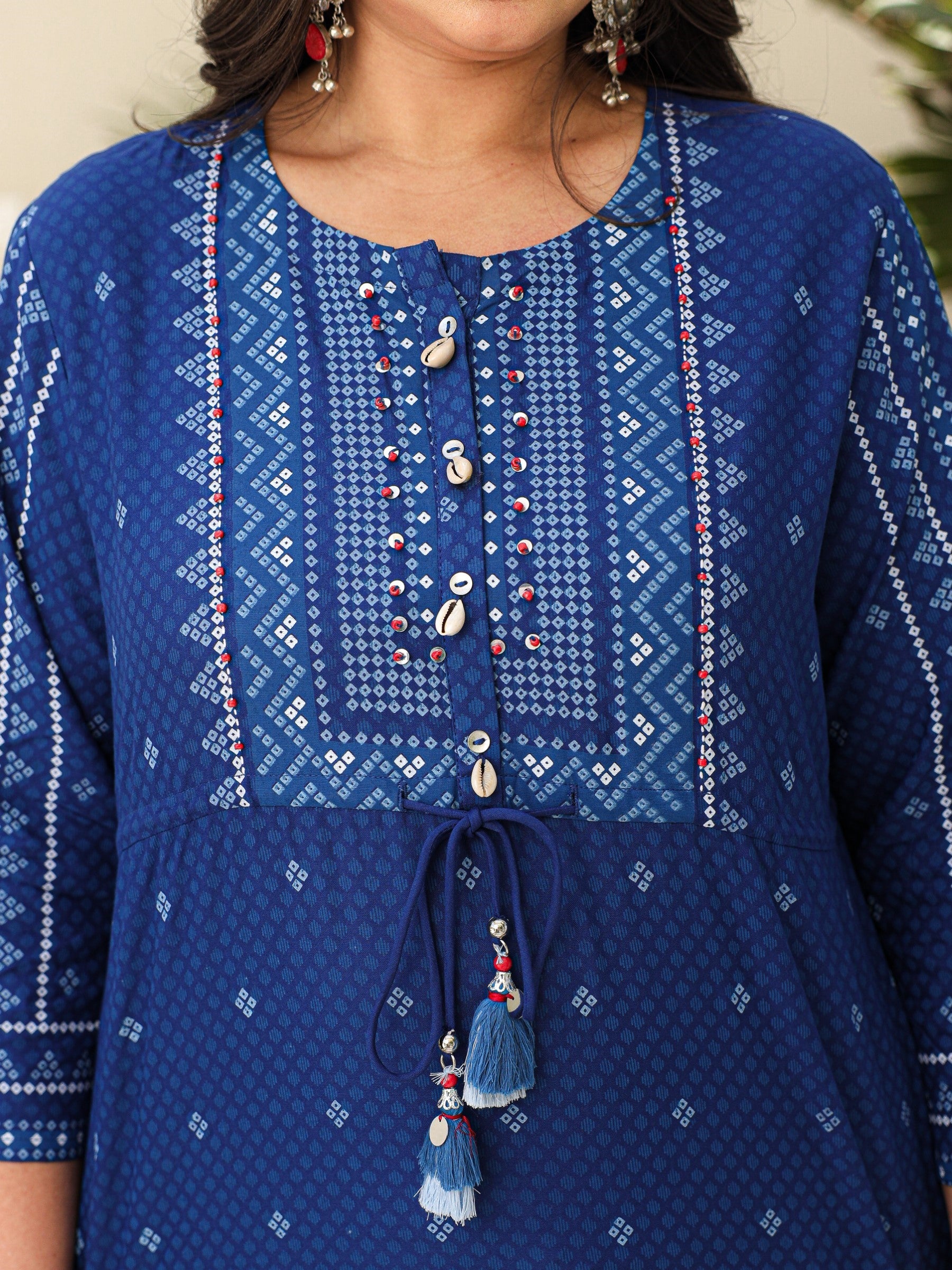 The Madhubala Women Blue Geometric Printed Rayon Plus Size Kurta With Contrast Beadwork Sequins & Tassels