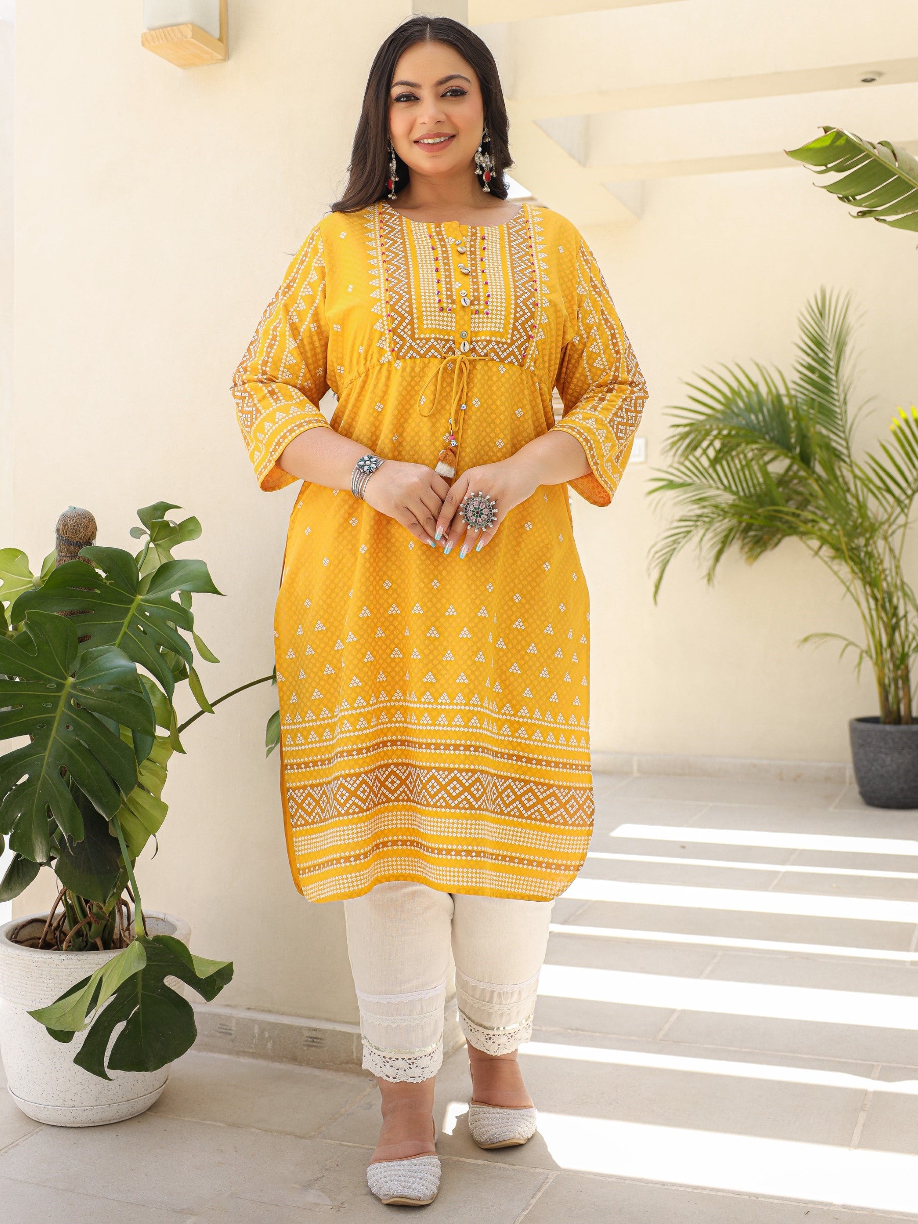 Juniper The Madhubala Women Mustard Geometric Printed Rayon Plus Size Kurta With Contrast Beadwork Sequins & Tassels