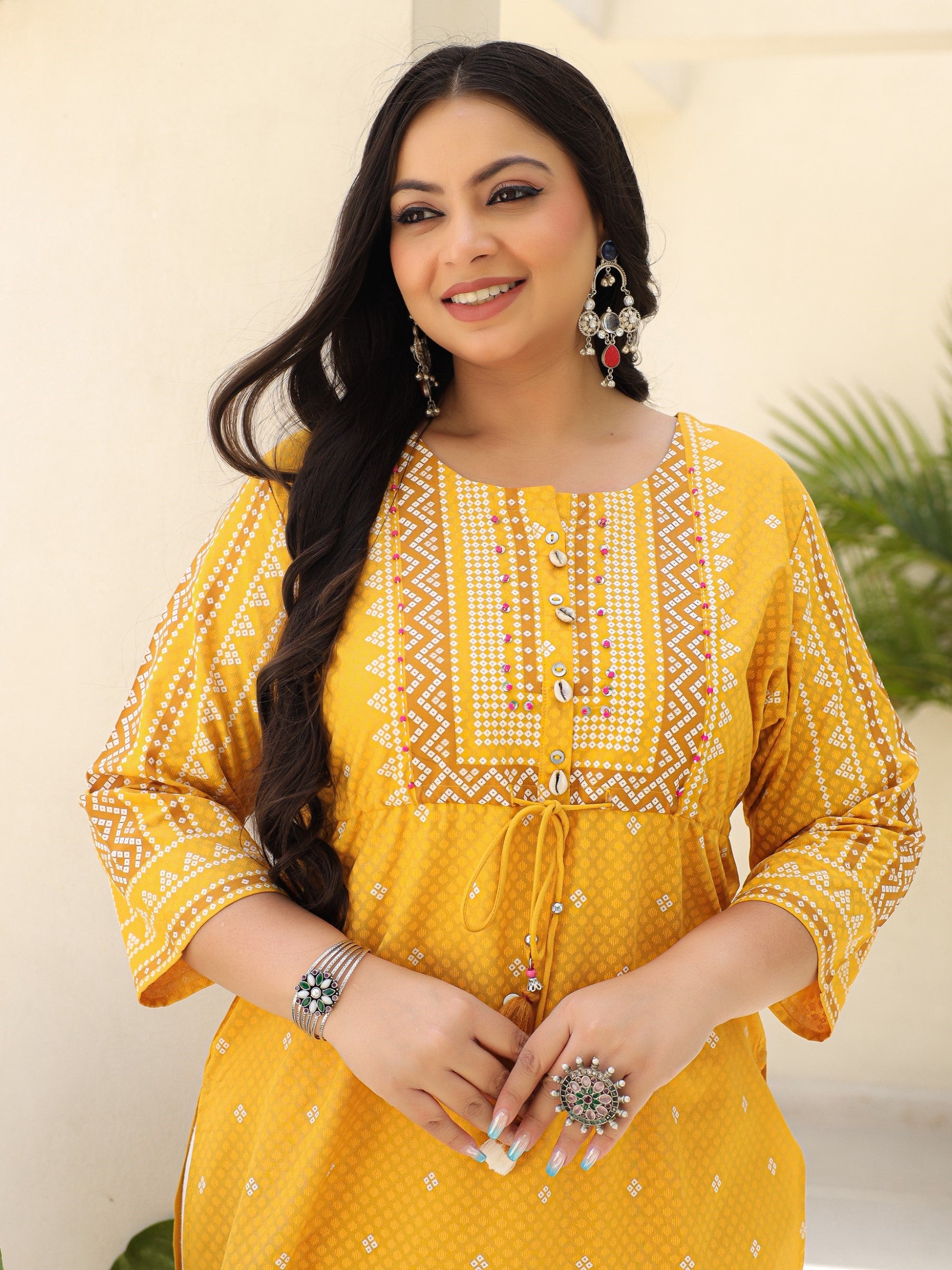 Juniper The Madhubala Women Mustard Geometric Printed Rayon Plus Size Kurta With Contrast Beadwork Sequins & Tassels