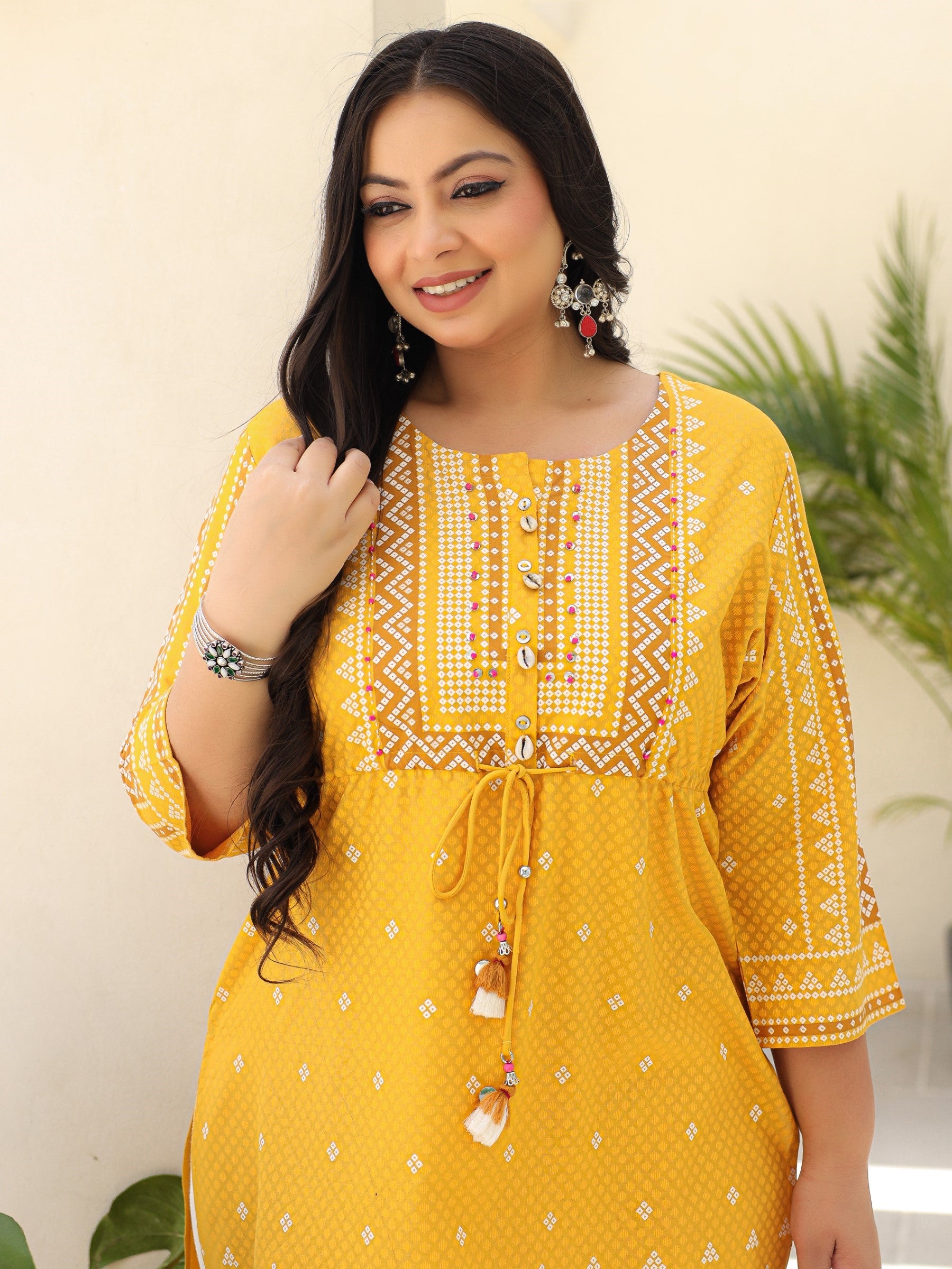 Juniper The Madhubala Women Mustard Geometric Printed Rayon Plus Size Kurta With Contrast Beadwork Sequins & Tassels