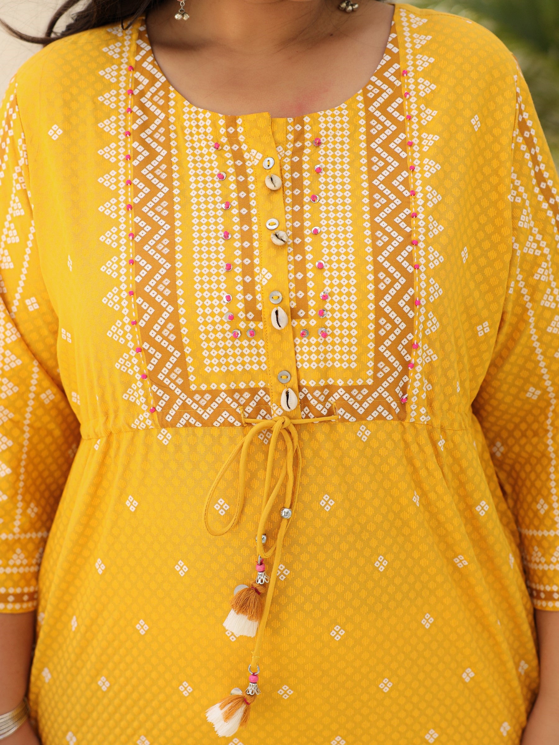 Juniper The Madhubala Women Mustard Geometric Printed Rayon Plus Size Kurta With Contrast Beadwork Sequins & Tassels