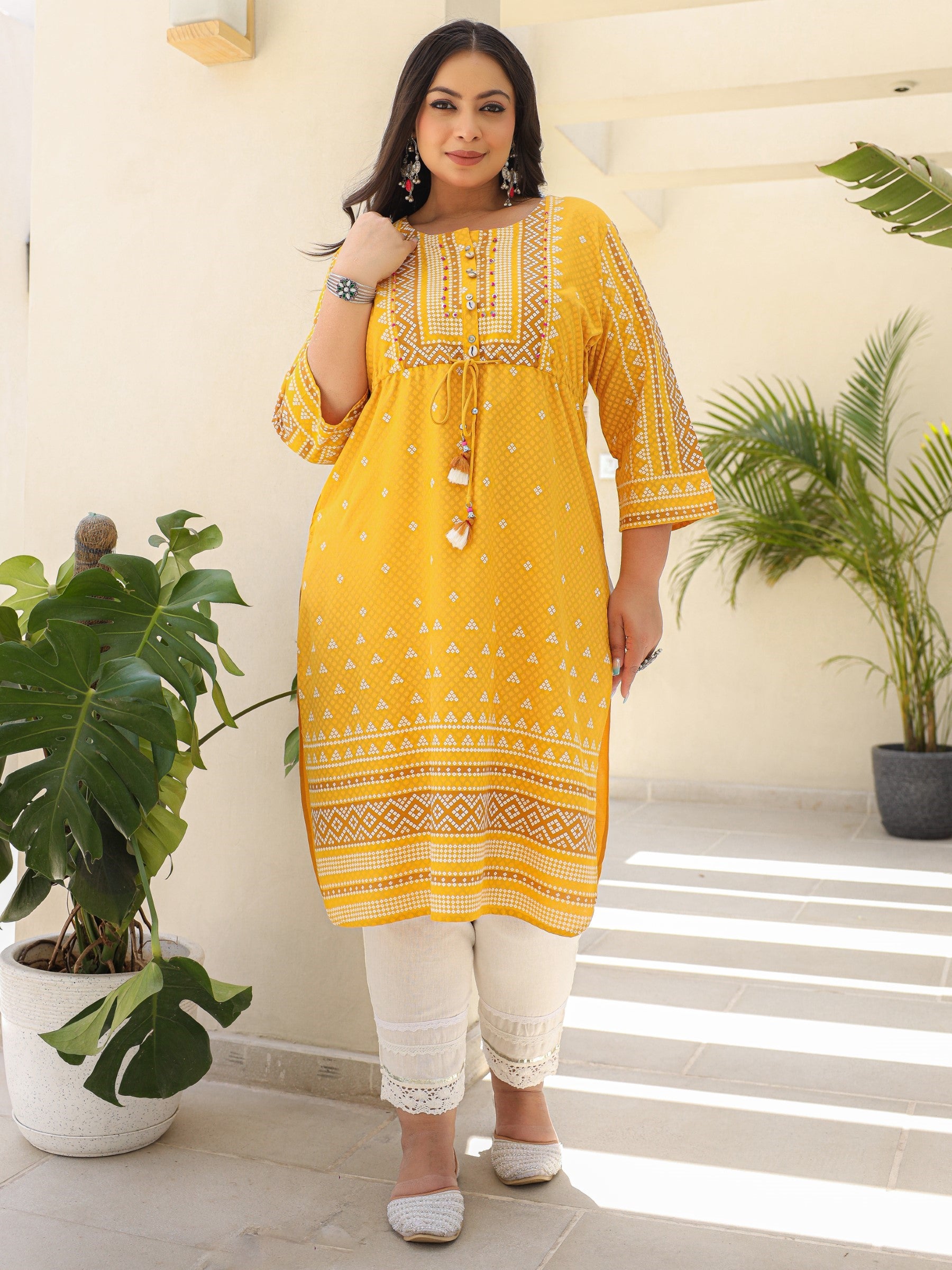 Juniper The Madhubala Women Mustard Geometric Printed Rayon Plus Size Kurta With Contrast Beadwork Sequins & Tassels