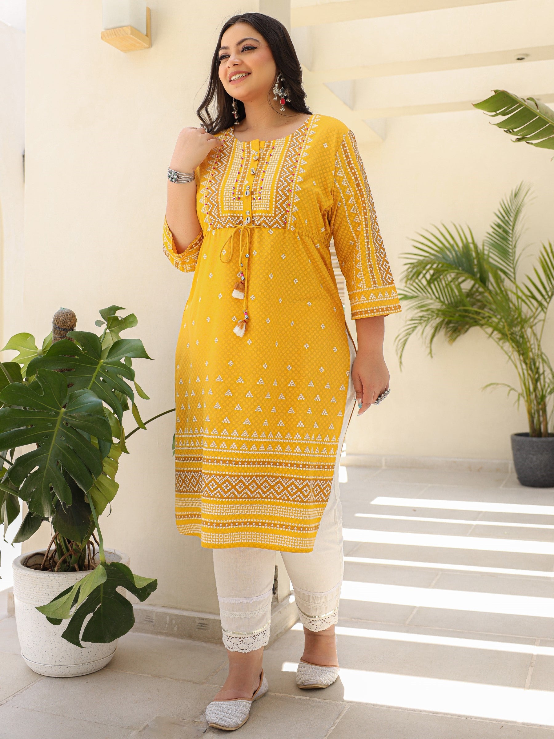 Juniper The Madhubala Women Mustard Geometric Printed Rayon Plus Size Kurta With Contrast Beadwork Sequins & Tassels