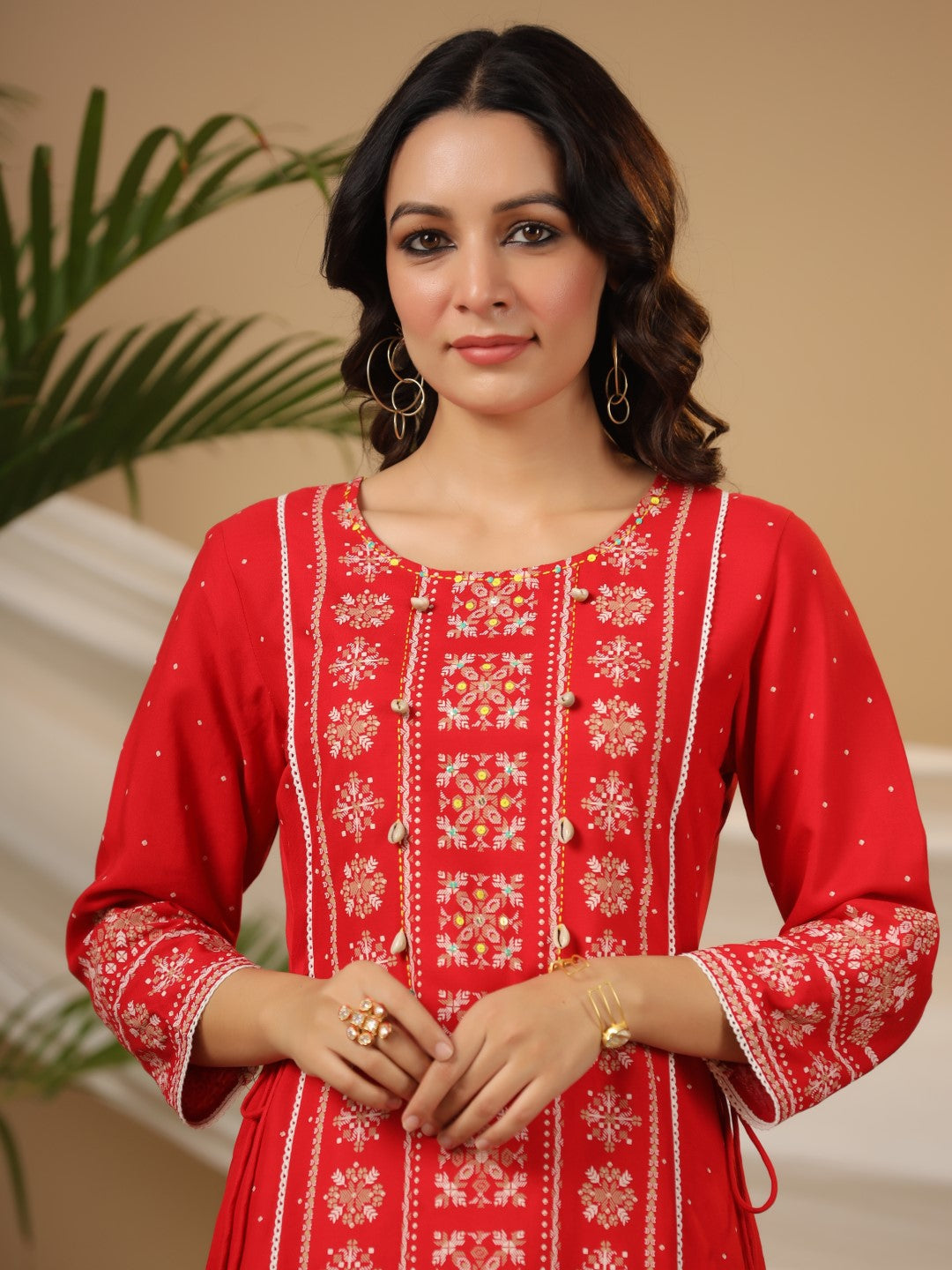 Juniper The Banjara Women Red Tribal Printed A-Lined Rayon Kurta With Contrast Tassels Sequins & Beadwork