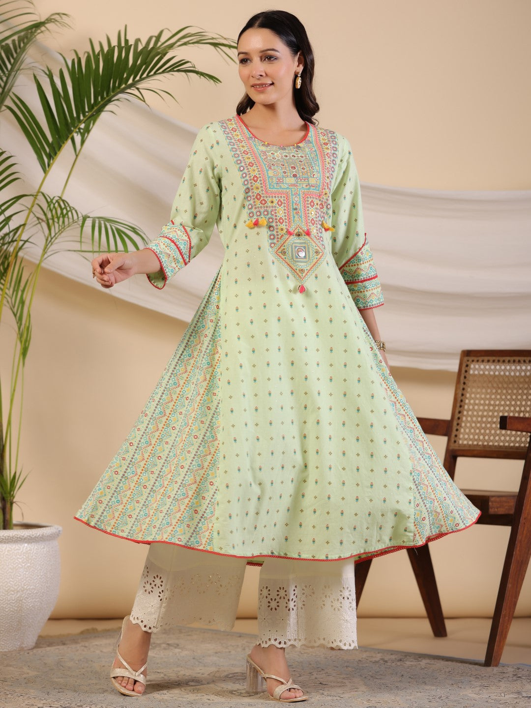 Juniper The Banjara Pure Cotton Sage Green Tribal Print Kurta With Contrast Bead Sequin Kaudis & Tassels