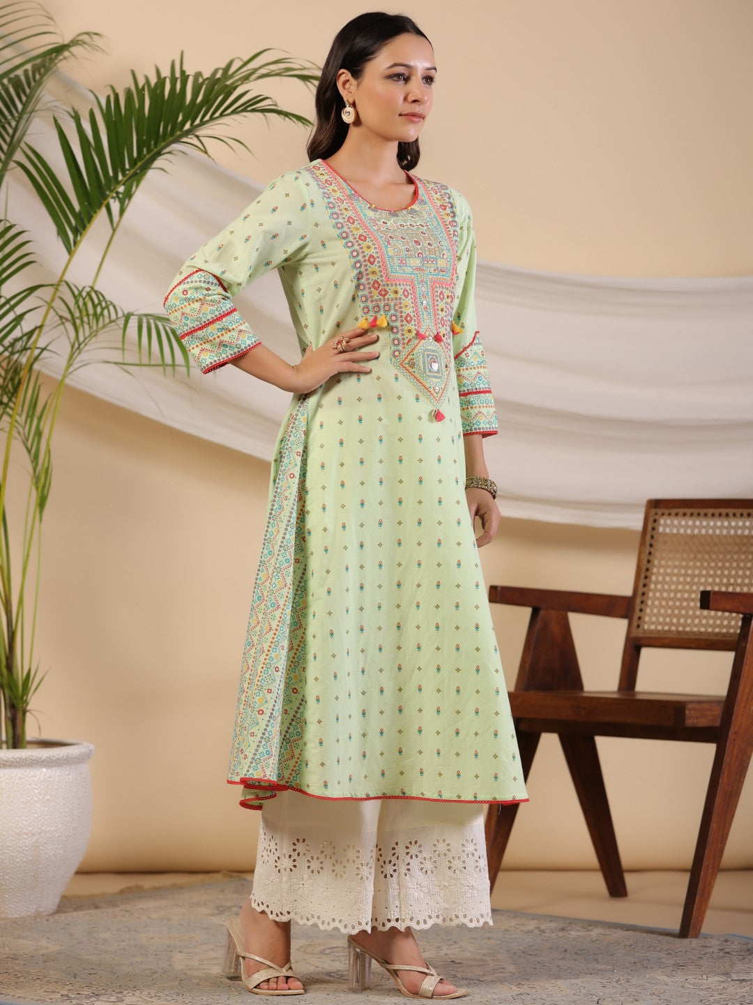 Juniper The Banjara Pure Cotton Sage Green Tribal Print Kurta With Contrast Bead Sequin Kaudis & Tassels