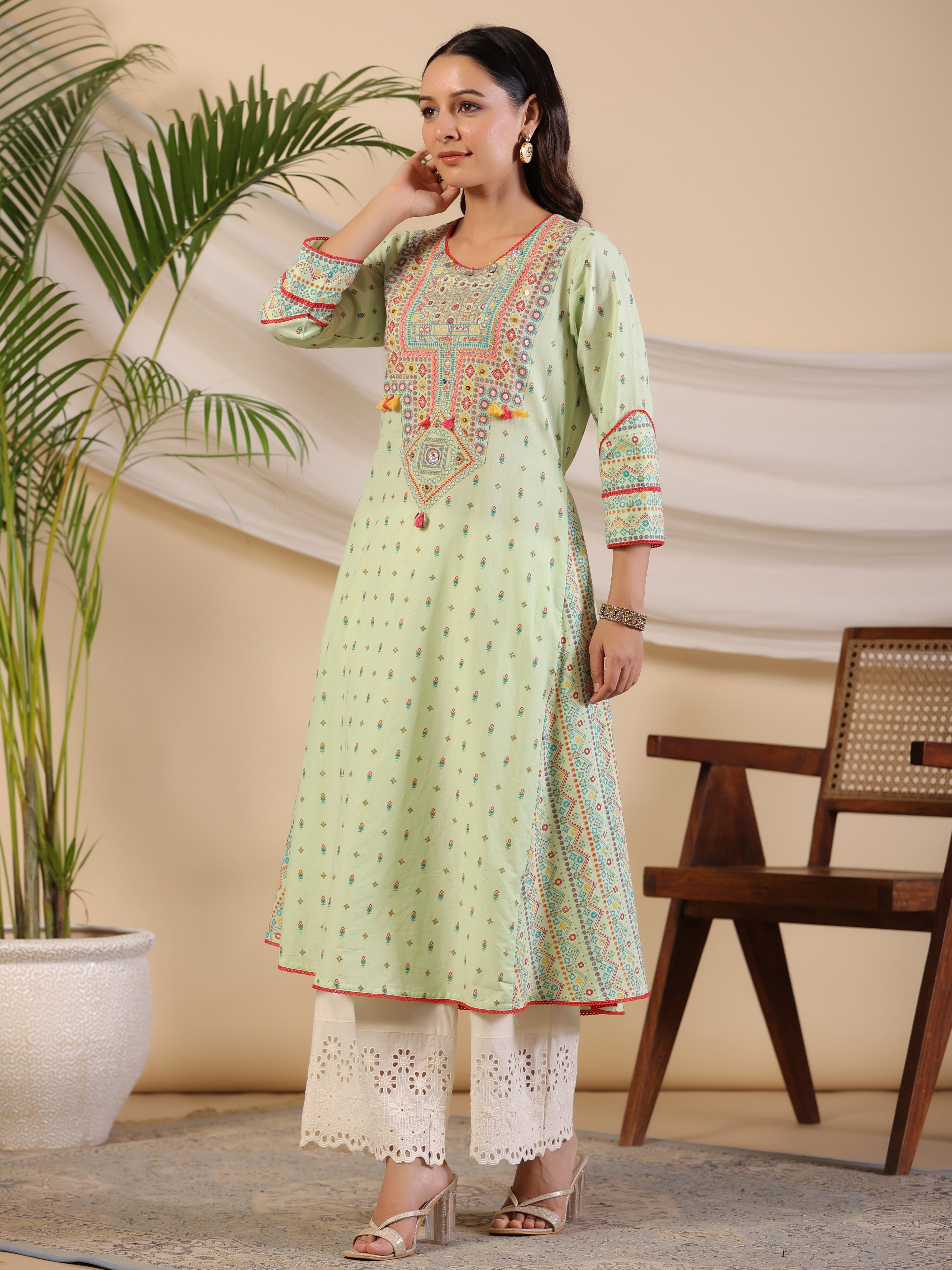 Juniper The Banjara Pure Cotton Sage Green Tribal Print Kurta With Contrast Bead Sequin Kaudis & Tassels
