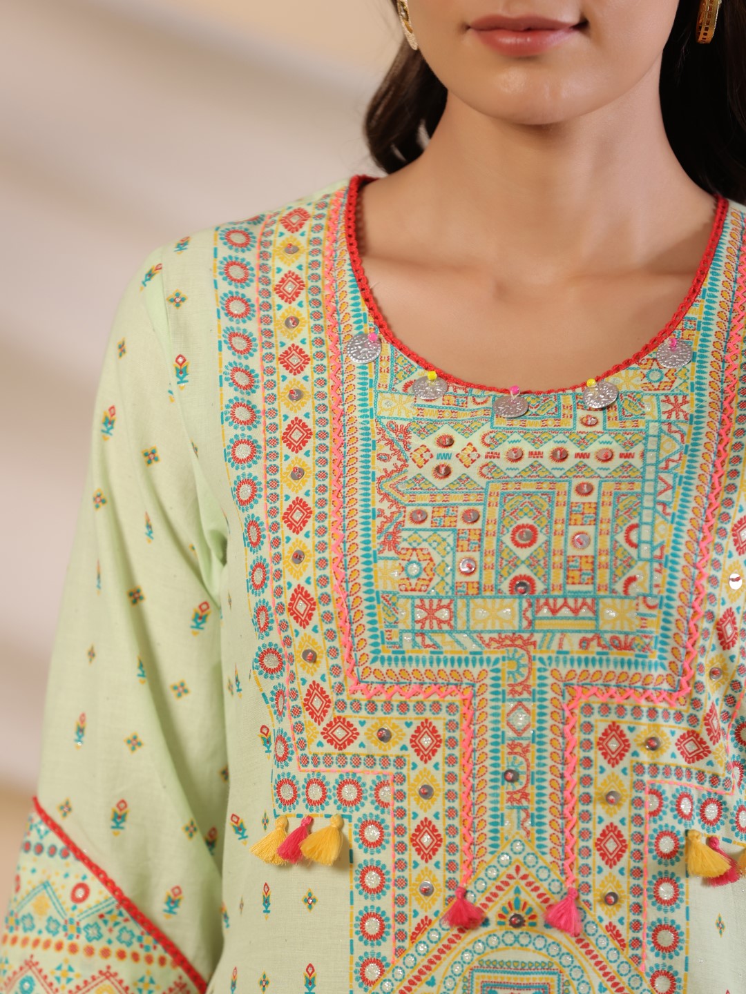 Juniper The Banjara Pure Cotton Sage Green Tribal Print Kurta With Contrast Bead Sequin Kaudis & Tassels