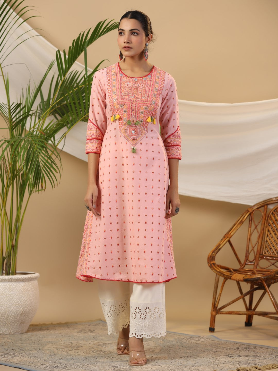 Juniper Pink Tribal Printed Pure Cotton Kurta With Beads & Sequins Work
