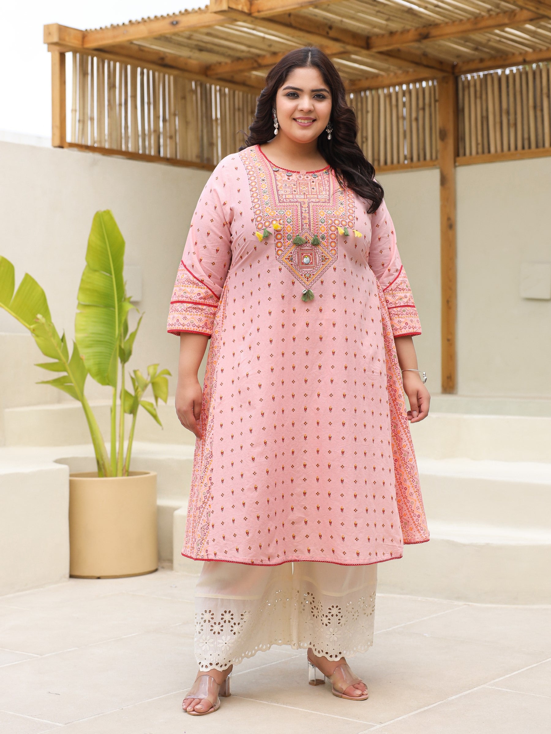Pure Cotton Pink Tribal Multicolour Printed Plus Size A-Line Kurta With Contrast Beads Sequins Kaudis & Tassels