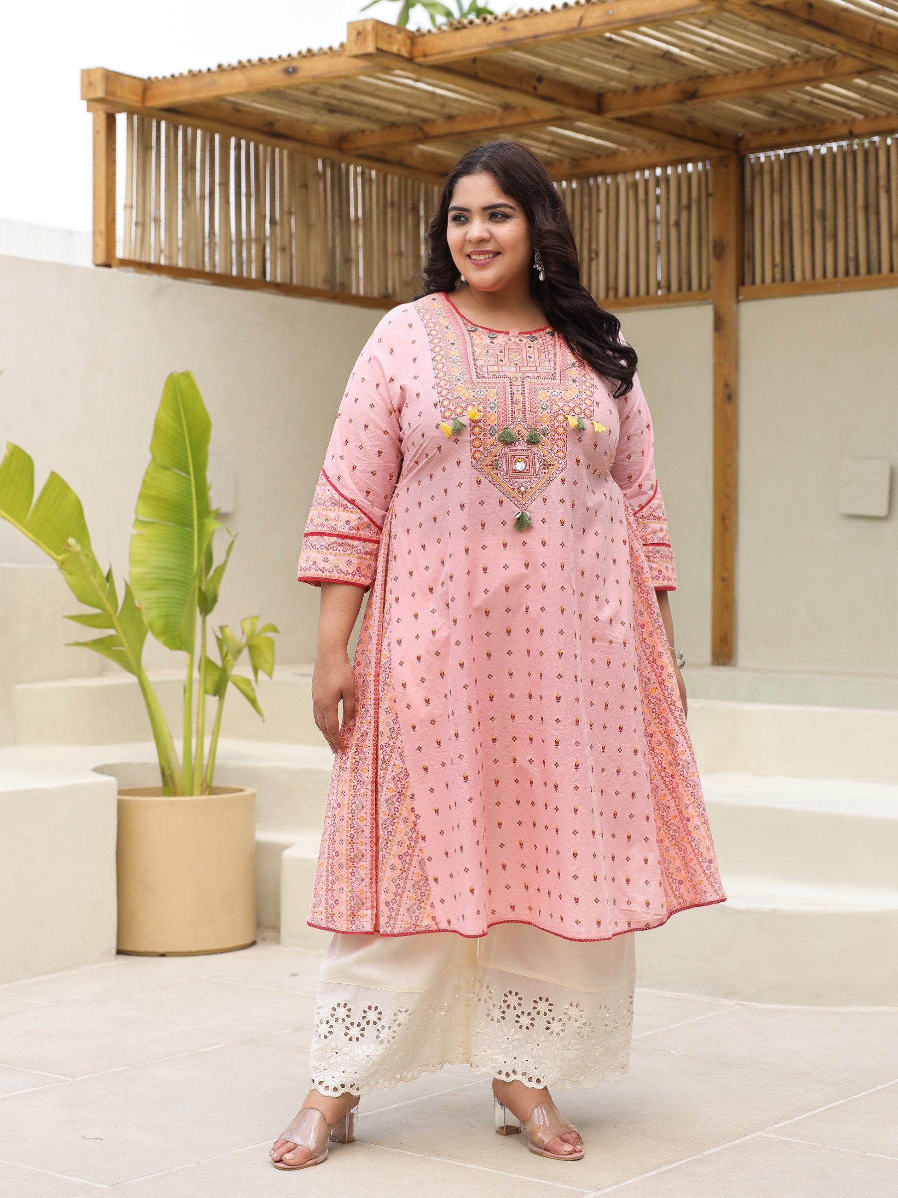 Juniper Pure Cotton Pink Tribal Multicolour Printed Plus Size A-Line Kurta With Contrast Beads Sequins Kaudis & Tassels
