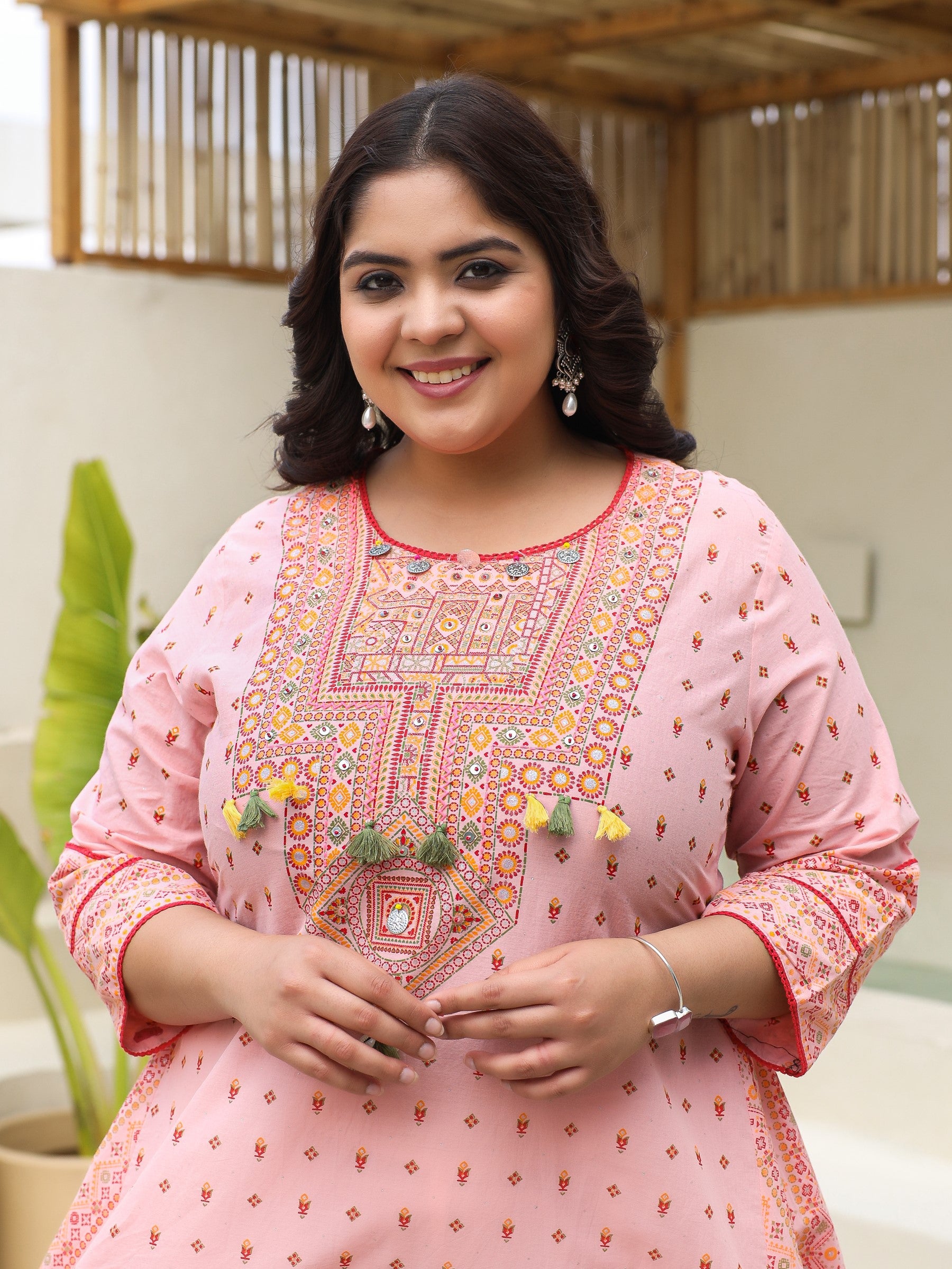Juniper Pure Cotton Pink Tribal Multicolour Printed Plus Size A-Line Kurta With Contrast Beads Sequins Kaudis & Tassels