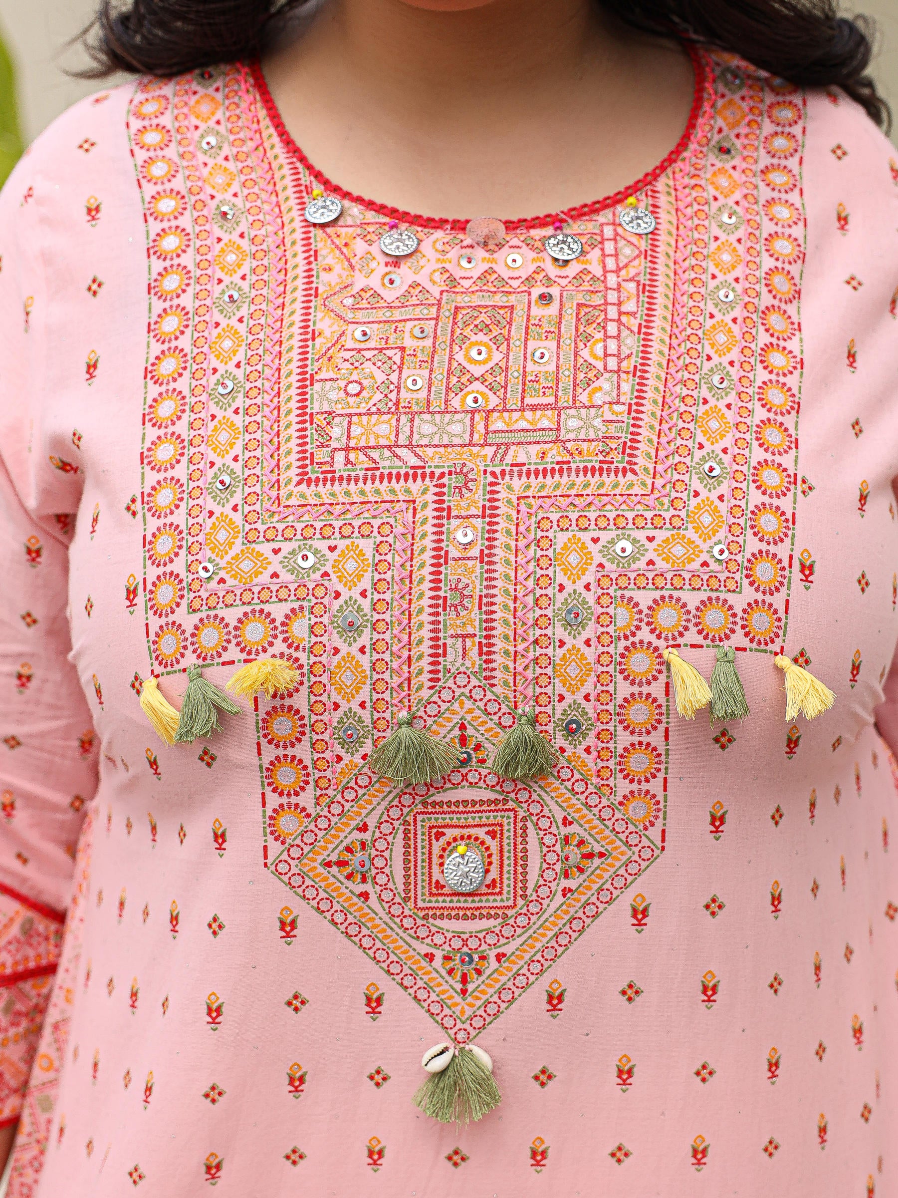 Juniper Pure Cotton Pink Tribal Multicolour Printed Plus Size A-Line Kurta With Contrast Beads Sequins Kaudis & Tassels