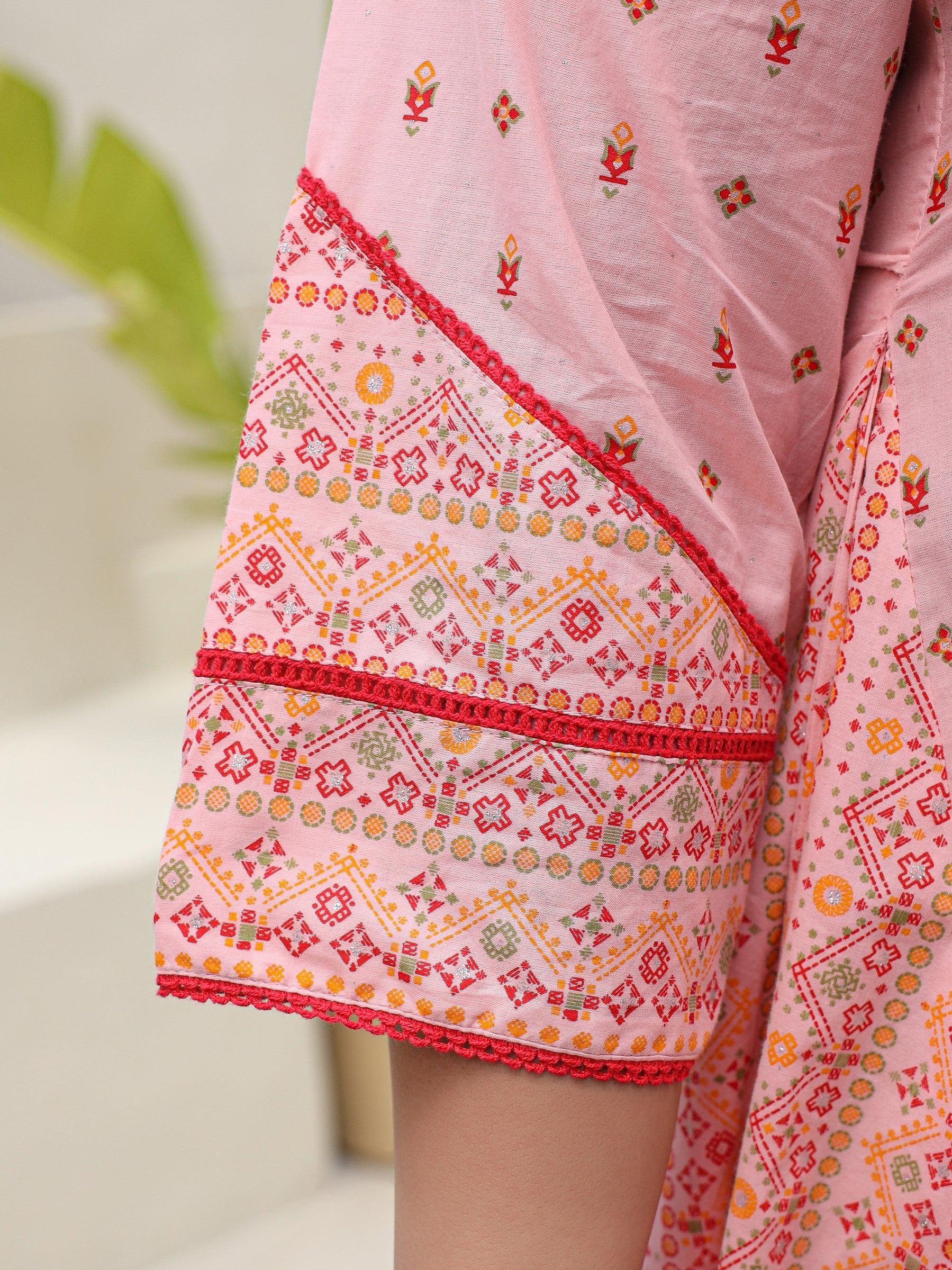 Juniper Pure Cotton Pink Tribal Multicolour Printed Plus Size A-Line Kurta With Contrast Beads Sequins Kaudis & Tassels