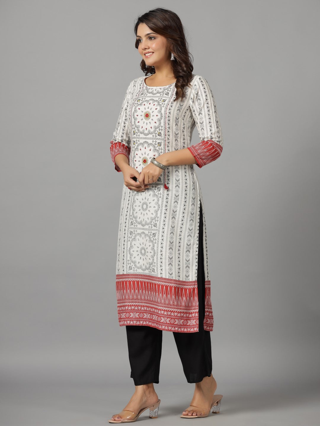 Juniper White Ethnic Motif Printed Rayon Slub Kurta With Beads & Sequins