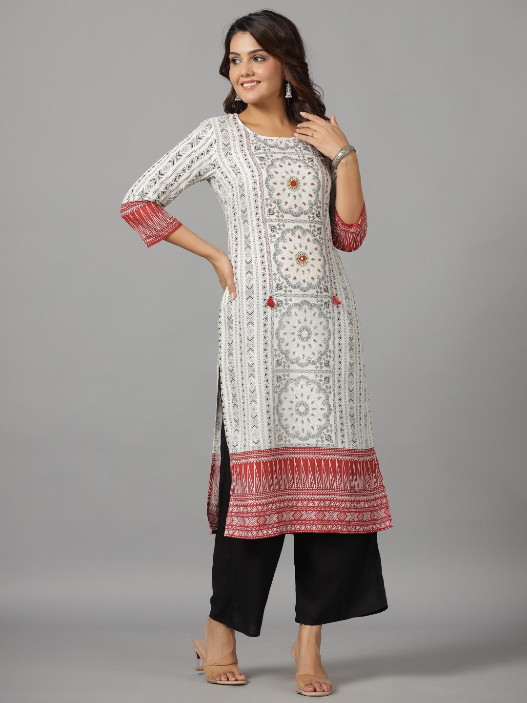 Juniper White Ethnic Motif Printed Rayon Slub Kurta With Beads & Sequins