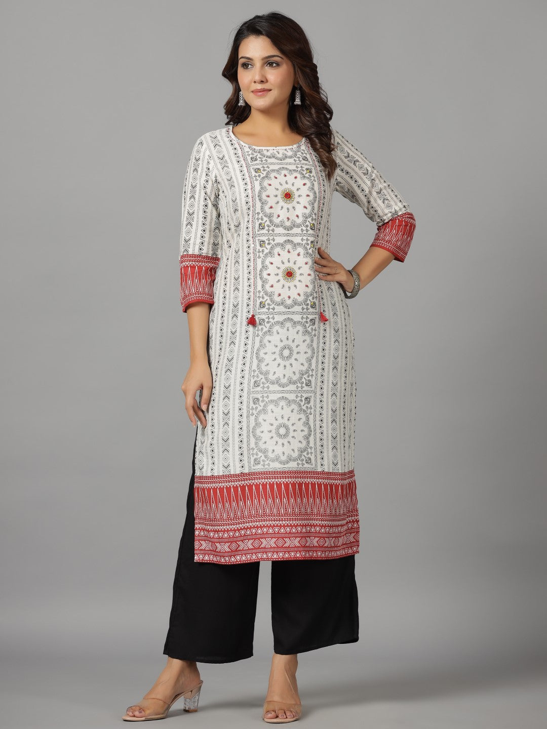 Juniper White Ethnic Motif Printed Rayon Slub Kurta With Beads & Sequins