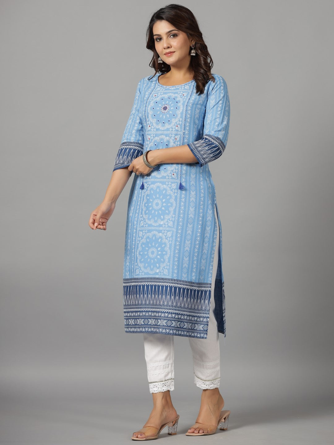 Juniper Women Sky Blue LIVA Rayon Slub Printed Straight Kurta