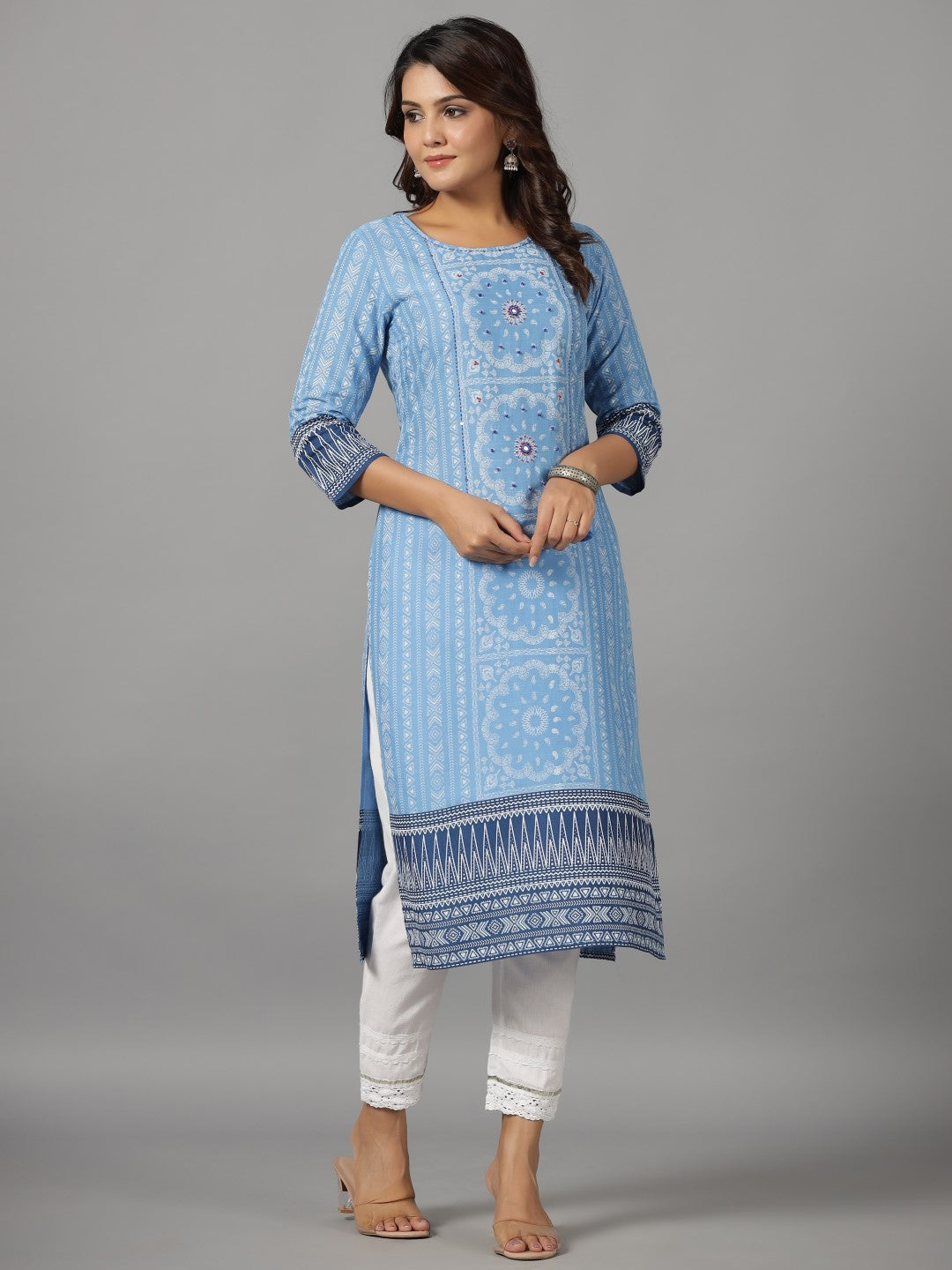 Juniper Women Sky Blue LIVA Rayon Slub Printed Straight Kurta