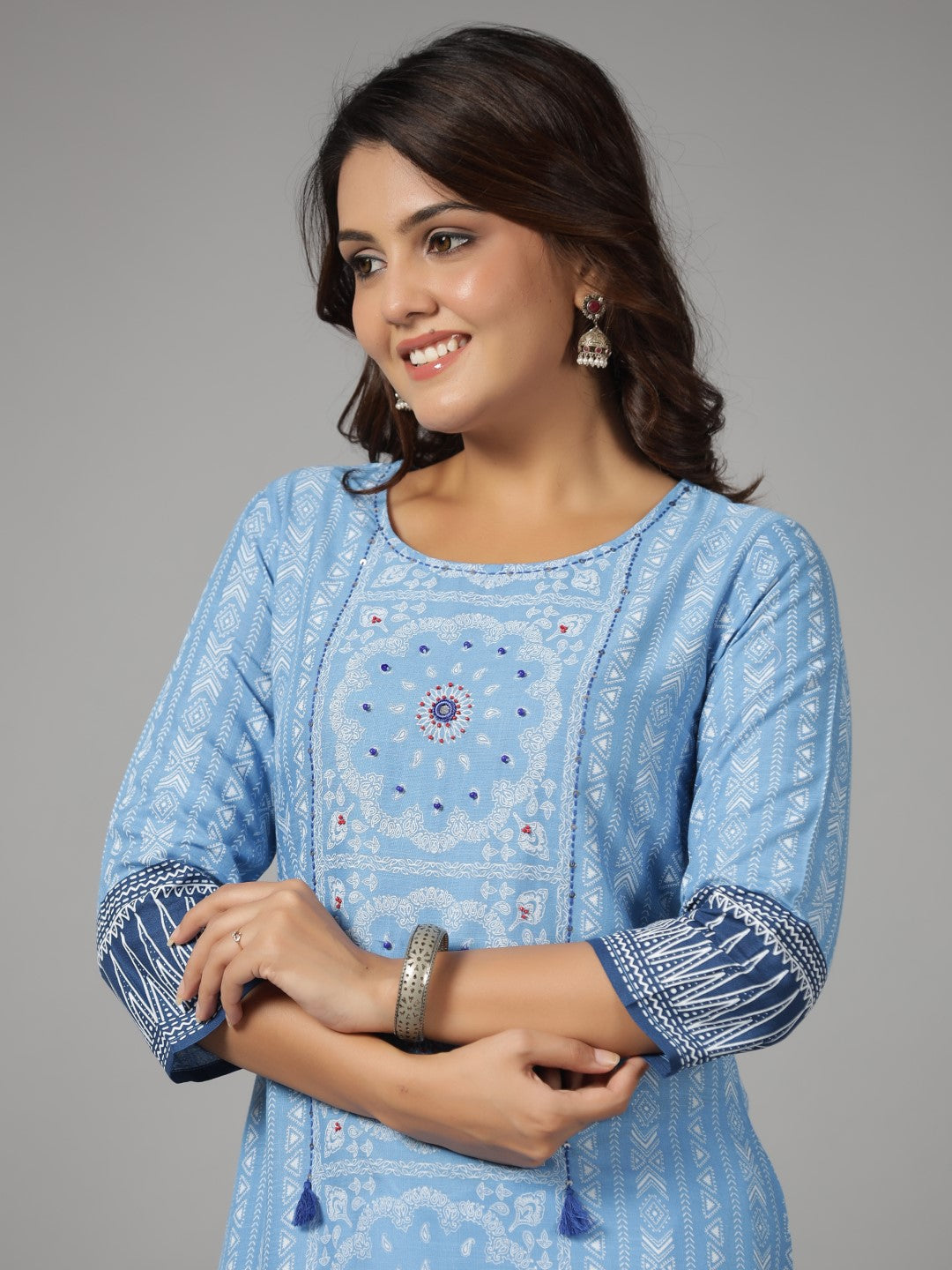 Juniper Women Sky Blue LIVA Rayon Slub Printed Straight Kurta