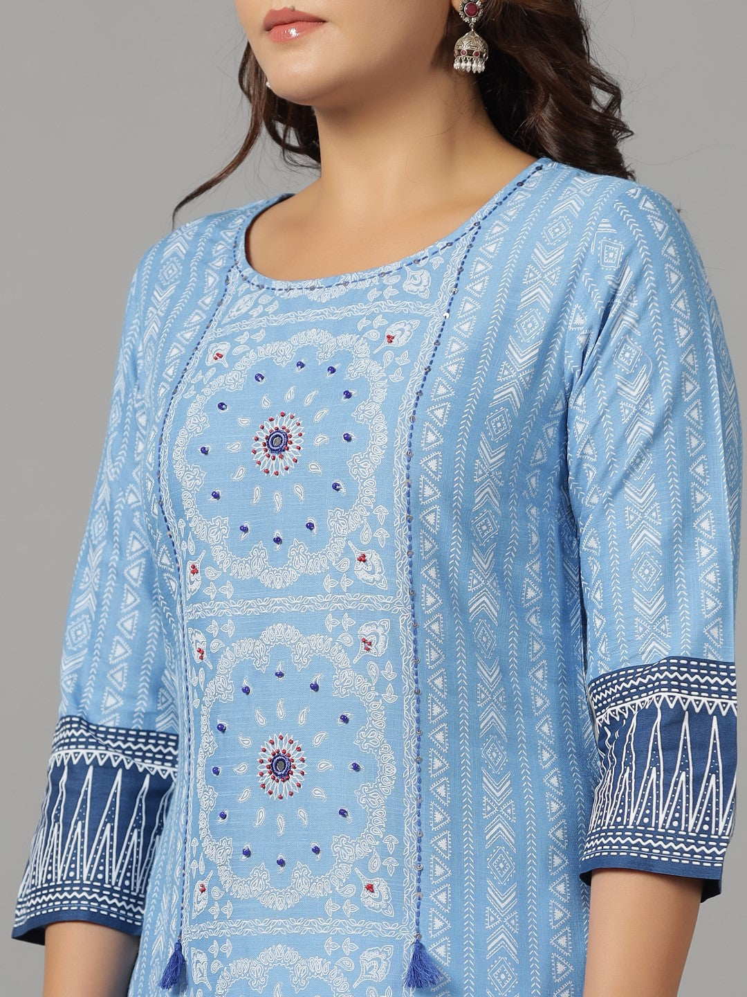 Juniper Women Sky Blue LIVA Rayon Slub Printed Straight Kurta