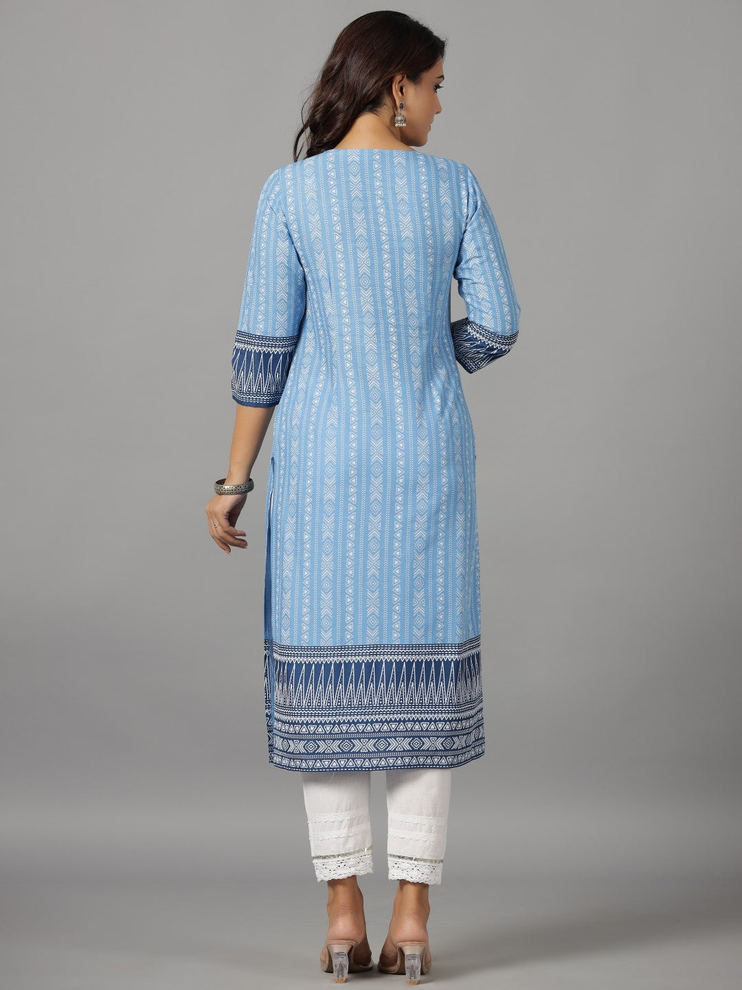 Juniper Women Sky Blue LIVA Rayon Slub Printed Straight Kurta