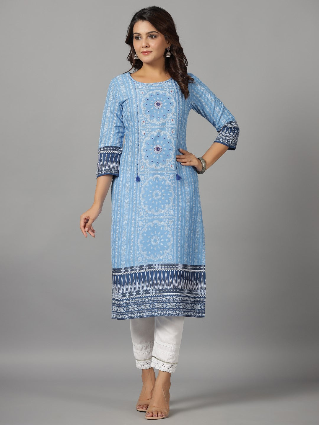 Juniper Women Sky Blue LIVA Rayon Slub Printed Straight Kurta