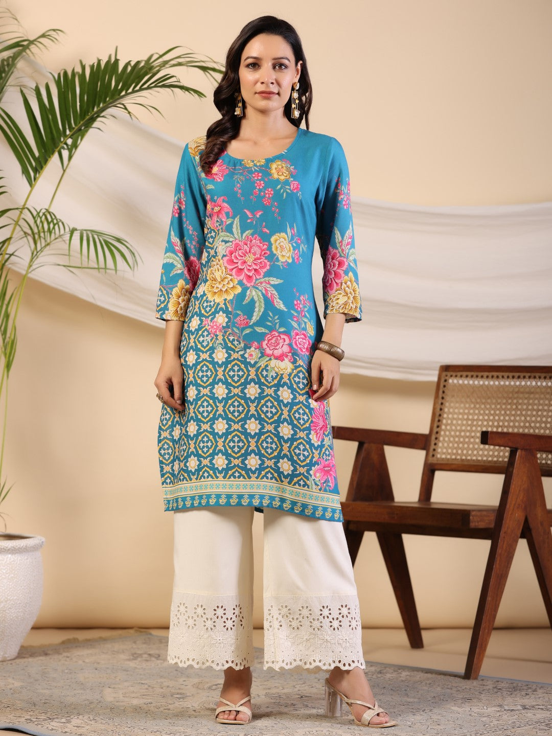Blue Rayon Floral Printed Straight Kurta