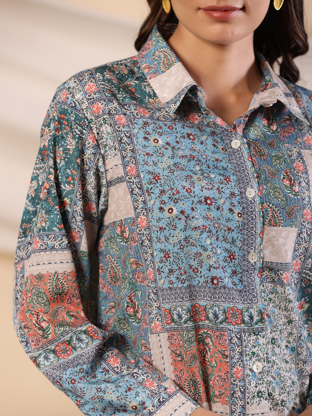 Juniper The Ornamental Blooms Women Silk Floral Printed Blue Shirt With Pants Co-Ord Set