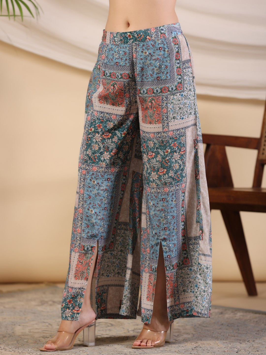 Juniper The Ornamental Blooms Women Silk Floral Printed Blue Shirt With Pants Co-Ord Set