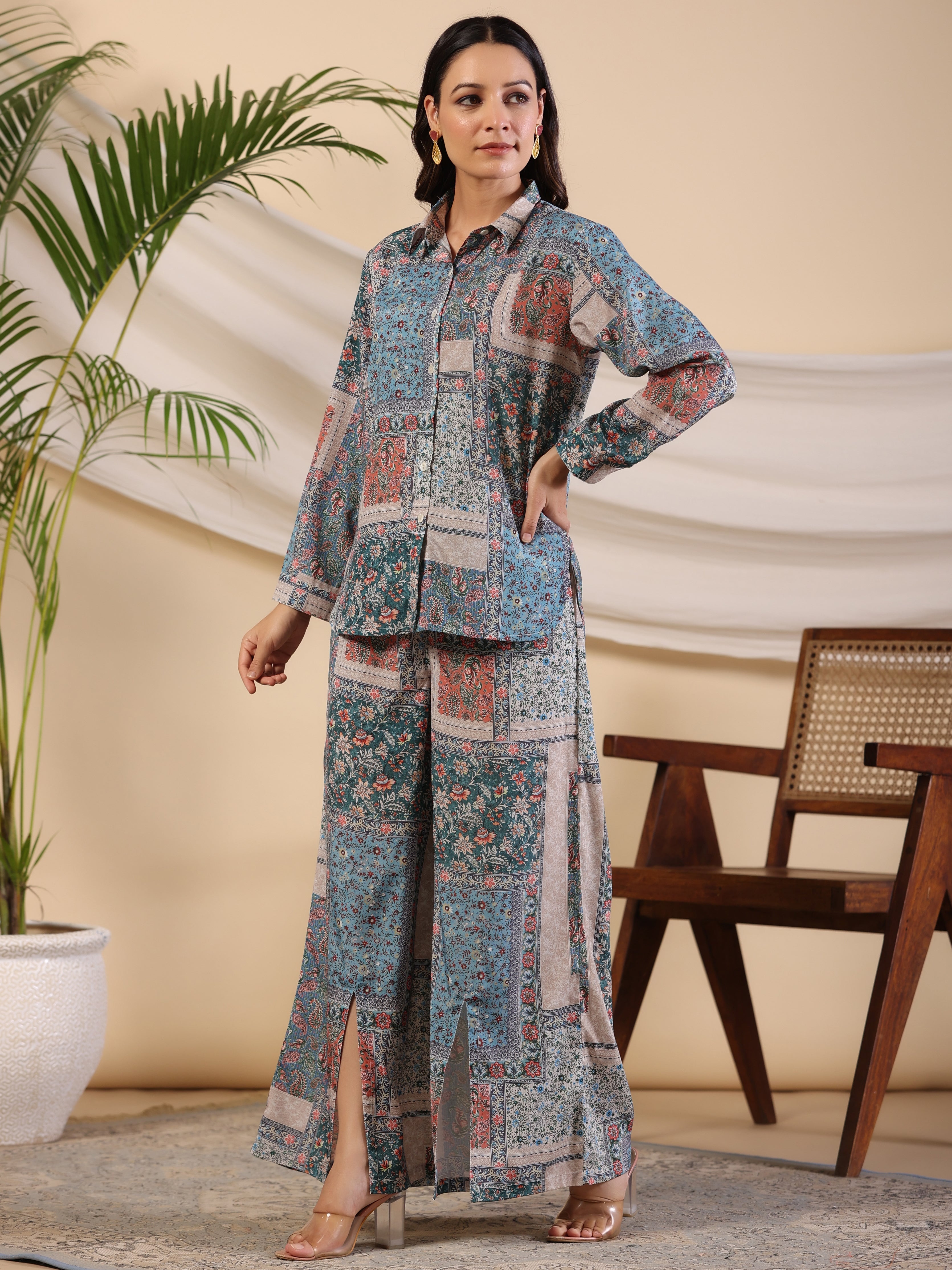 Juniper The Ornamental Blooms Women Silk Floral Printed Blue Shirt With Pants Co-Ord Set