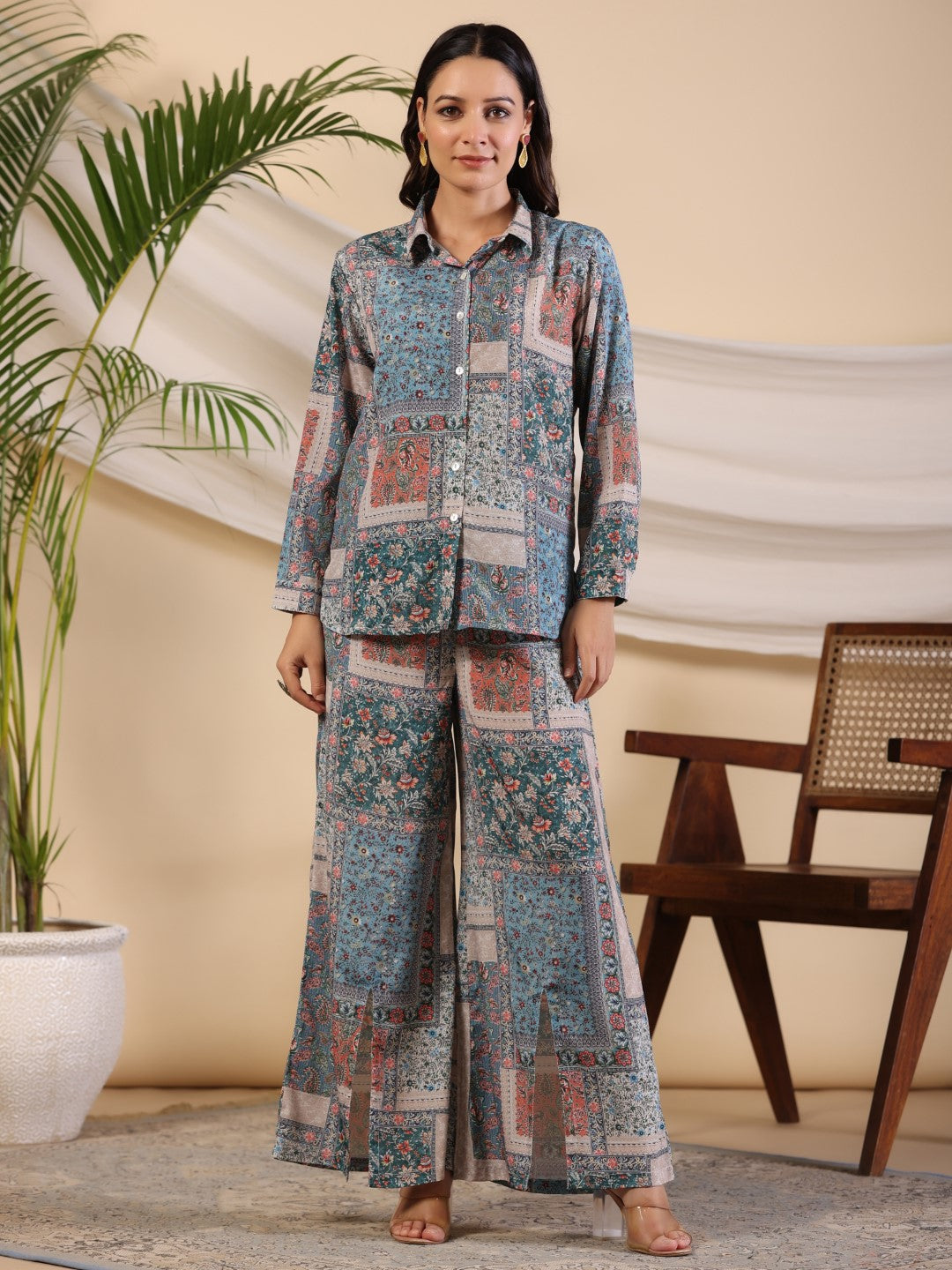 Juniper The Ornamental Blooms Women Silk Floral Printed Blue Shirt With Pants Co-Ord Set