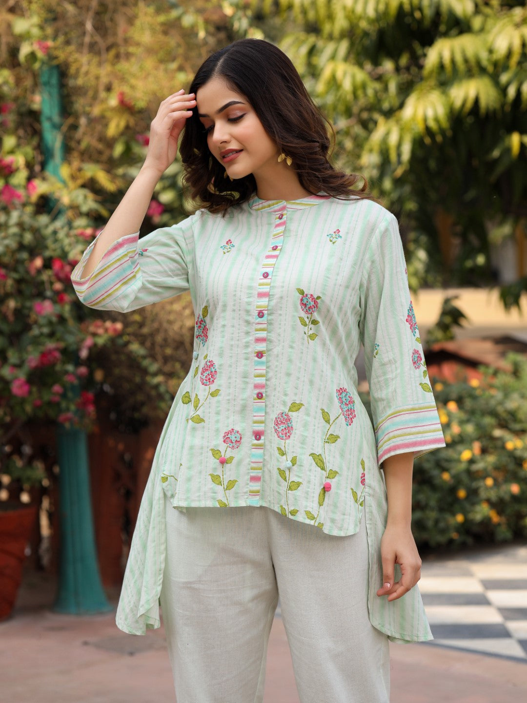 Juniper The Wonderland Mint Floral Print Cotton Shirt With Pant & Scarf Co-Ord Set With Kaudi & Button