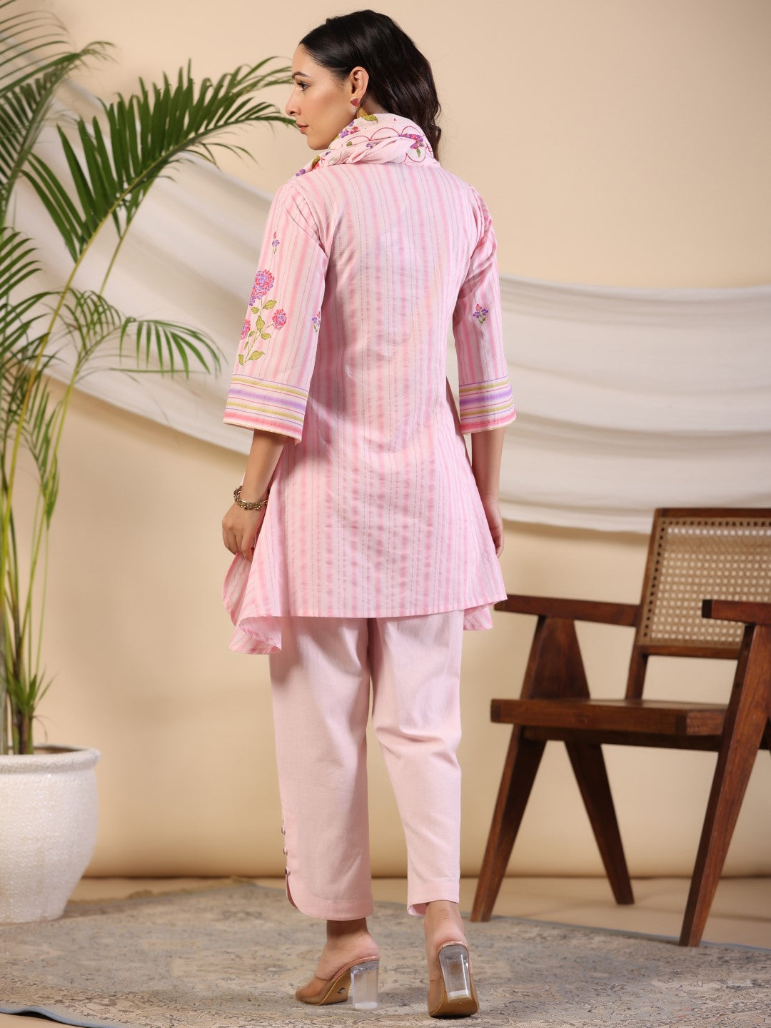 Juniper Pink Floral Printed Pure Cotton Shirt Pant With Scarfs