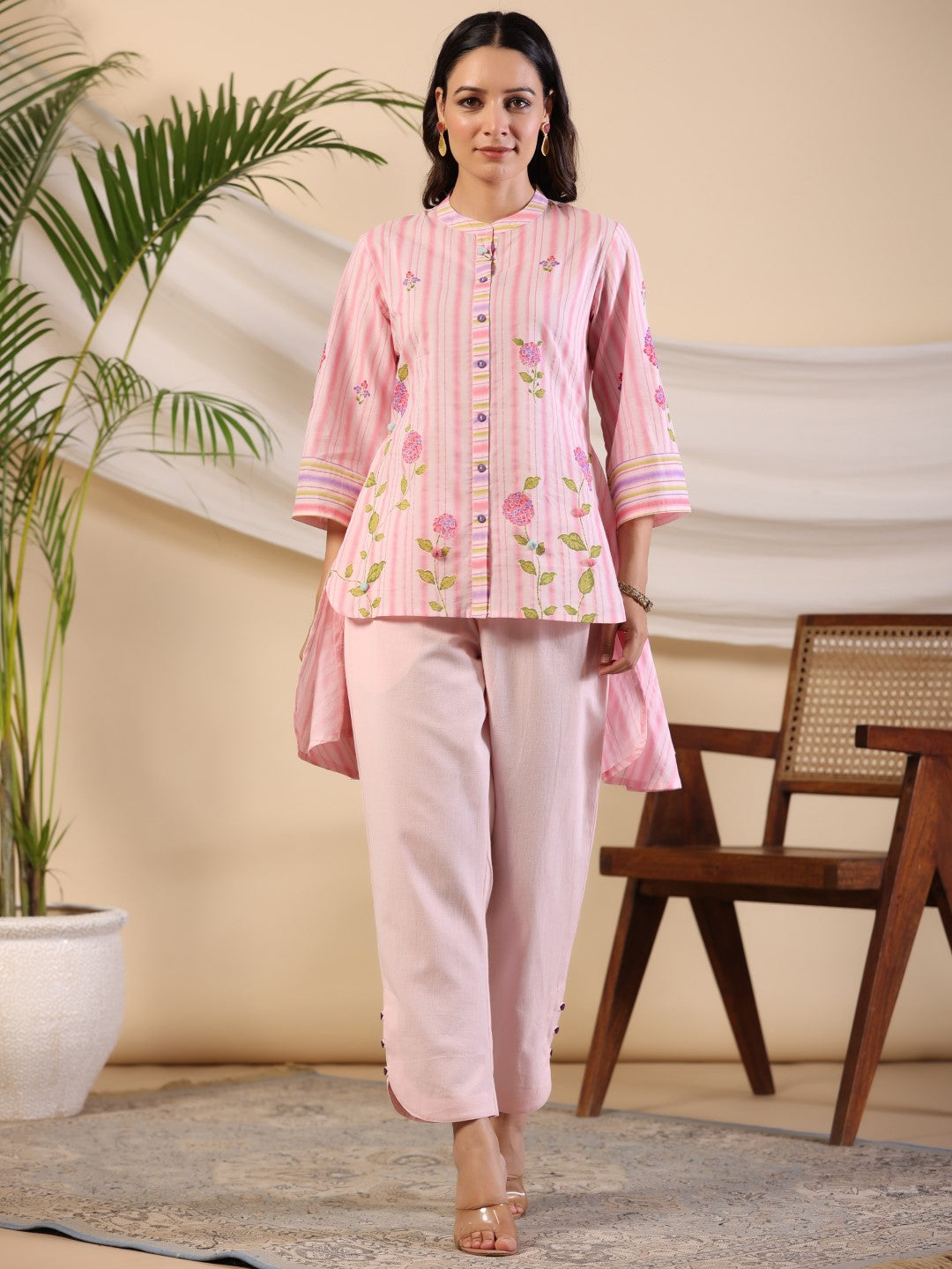 Juniper Women Pink Cotton Printed Co-ord  Set with Scarf