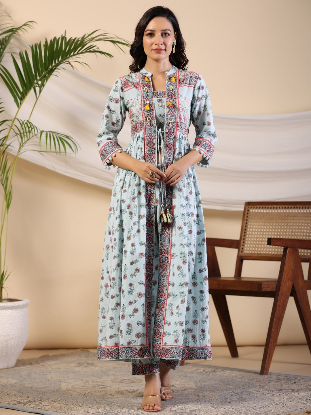 Juniper Sky Blue Floral Printed Pure Cotton Kurta & Pants Set With Lace